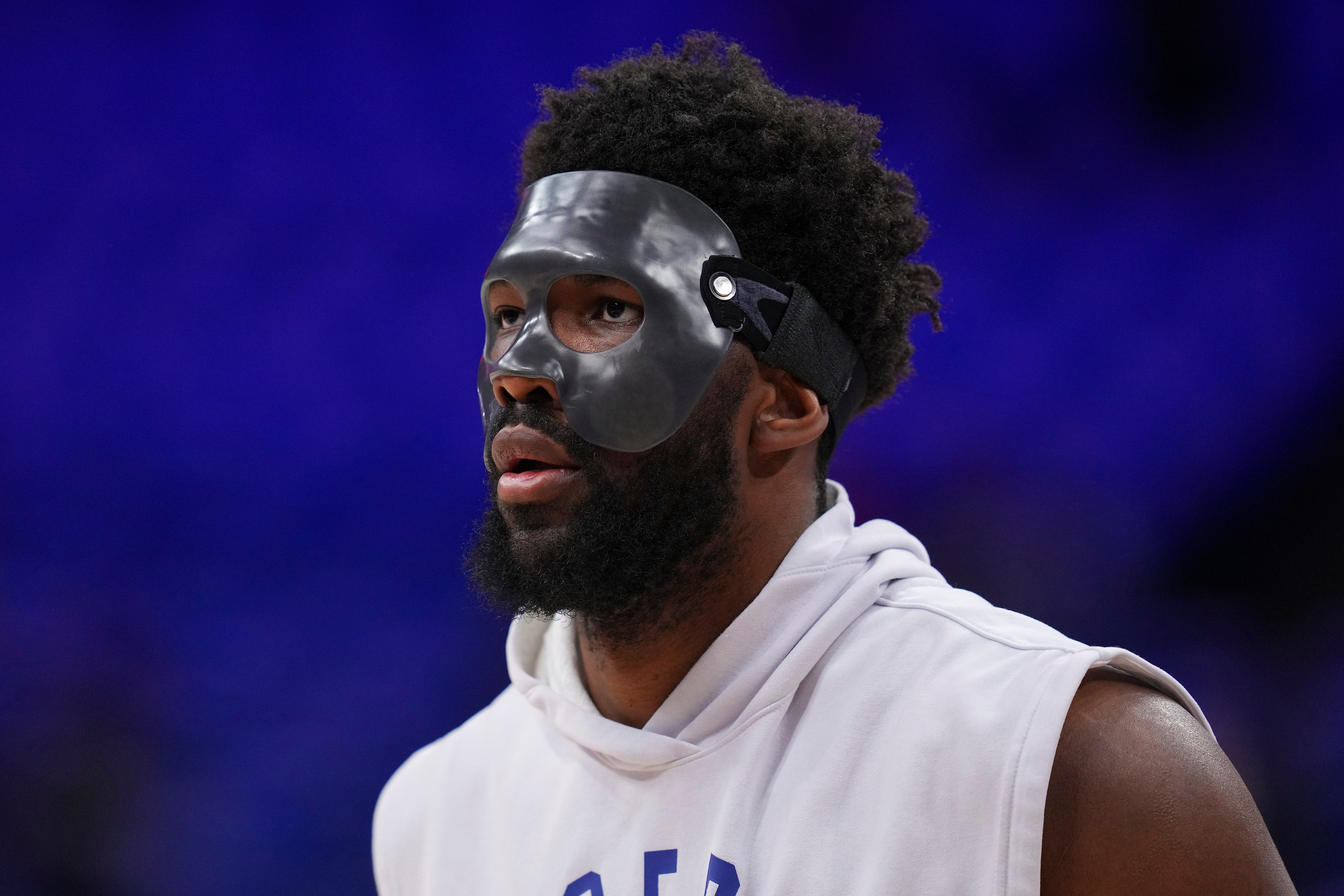 PHILADELPHIA, PA - MAY 06: Joel Embiid #21 of the Philadelphia 76ers looks on prior Game Three of the 2022 NBA Playoffs Eastern Conference Semifinals against the Miami Heat at the Wells Fargo Center on May 6, 2022 in Philadelphia, Pennsylvania. NOTE TO USER: User expressly acknowledges and agrees that, by downloading and or using this photograph, User is consenting to the terms and conditions of the Getty Images License Agreement. (Photo by Mitchell Leff/Getty Images)