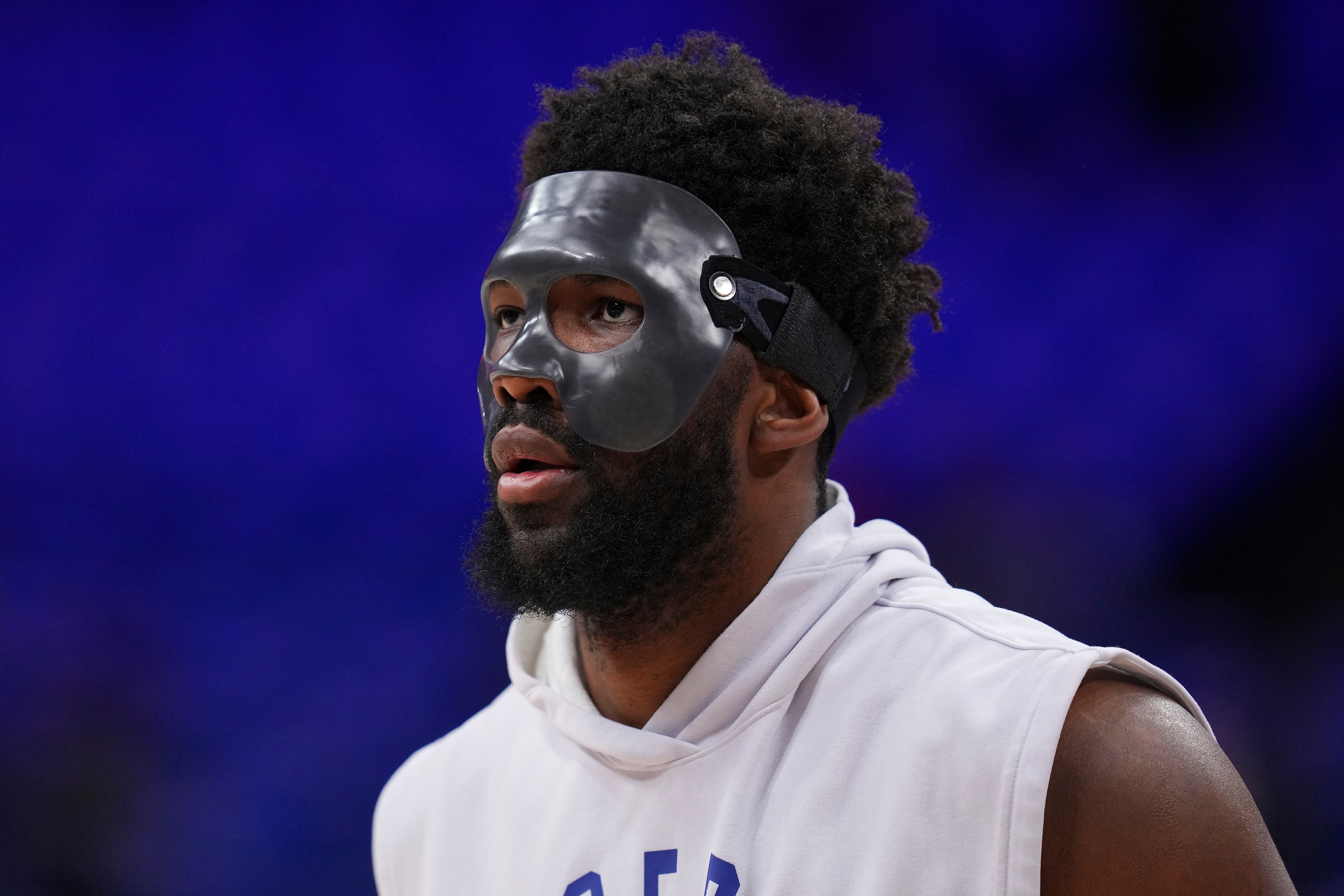 PHILADELPHIA, PA - MAY 06: Joel Embiid #21 of the Philadelphia 76ers looks on prior Game Three of the 2022 NBA Playoffs Eastern Conference Semifinals against the Miami Heat at the Wells Fargo Center on May 6, 2022 in Philadelphia, Pennsylvania. NOTE TO USER: User expressly acknowledges and agrees that, by downloading and or using this photograph, User is consenting to the terms and conditions of the Getty Images License Agreement. (Photo by Mitchell Leff/Getty Images) PHILADELPHIA, PA - MAY 06: Joel Embiid #21 of the Philadelphia 76ers looks on prior Game Three of the 2022 NBA Playoffs Eastern Conference Semifinals against the Miami Heat at the Wells Fargo Center on May 6, 2022 in Philadelphia, Pennsylvania. NOTE TO USER: User expressly acknowledges and agrees that, by downloading and or using this photograph, User is consenting to the terms and conditions of the Getty Images License Agreement. (Photo by Mitchell Leff/Getty Images)