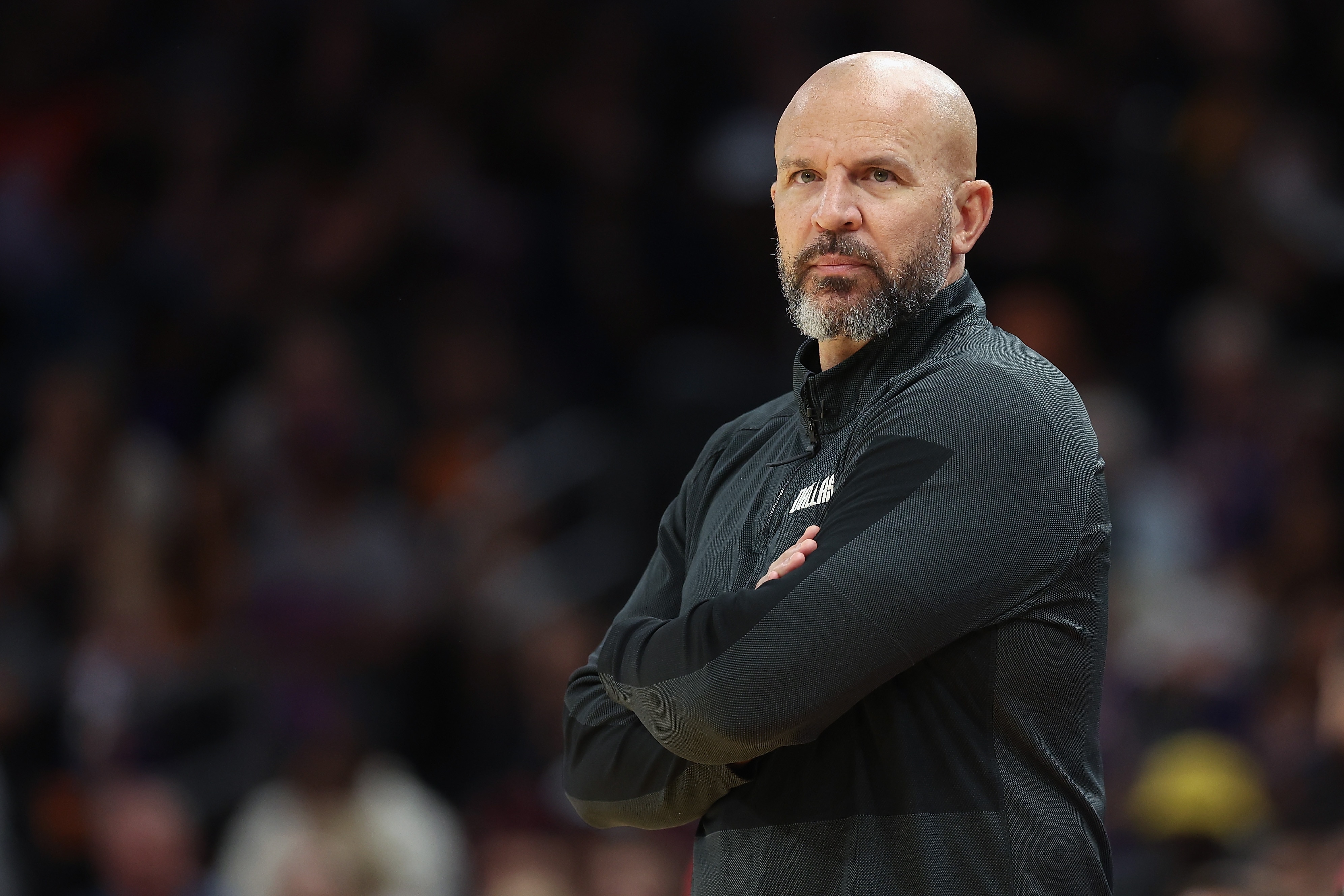 PHOENIX, ARIZONA - MAY 02: Head coach Jason Kidd of the Dallas Mavericks looks on during the first half of Game One of the Western Conference Second Round NBA Playoffs at Footprint Center on May 02, 2022 in Phoenix, Arizona.  NOTE TO USER: User expressly acknowledges and agrees that, by downloading and or using this photograph, User is consenting to the terms and conditions of the Getty Images License Agreement. (Photo by Christian Petersen/Getty Images)
