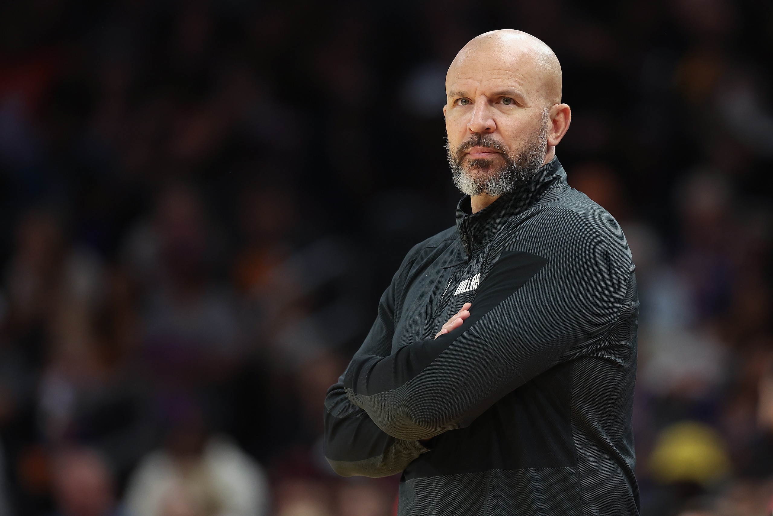PHOENIX, ARIZONA - MAY 02: Head coach Jason Kidd of the Dallas Mavericks looks on during the first half of Game One of the Western Conference Second Round NBA Playoffs at Footprint Center on May 02, 2022 in Phoenix, Arizona.  NOTE TO USER: User expressly acknowledges and agrees that, by downloading and or using this photograph, User is consenting to the terms and conditions of the Getty Images License Agreement. (Photo by Christian Petersen/Getty Images)