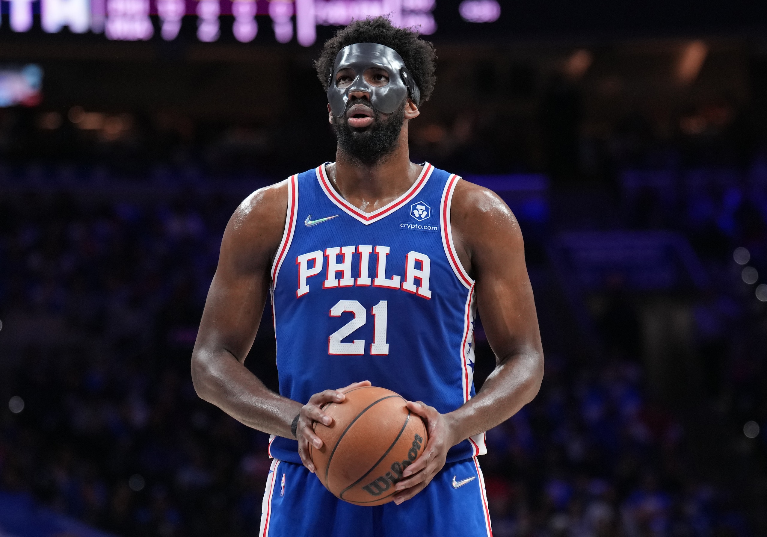 PHILADELPHIA, PA - MAY 6: Joel Embiid #21 of the Philadelphia 76ers shoots a free throw against the Miami Heat during Game 3 of the 2022 NBA Playoffs Eastern Conference Semifinals on May 6, 2022 at the Wells Fargo Center in Philadelphia, Pennsylvania NOTE TO USER: User expressly acknowledges and agrees that, by downloading and/or using this Photograph, user is consenting to the terms and conditions of the Getty Images License Agreement. Mandatory Copyright Notice: Copyright 2022 NBAE (Photo by Jesse D. Garrabrant/NBAE via Getty Images)