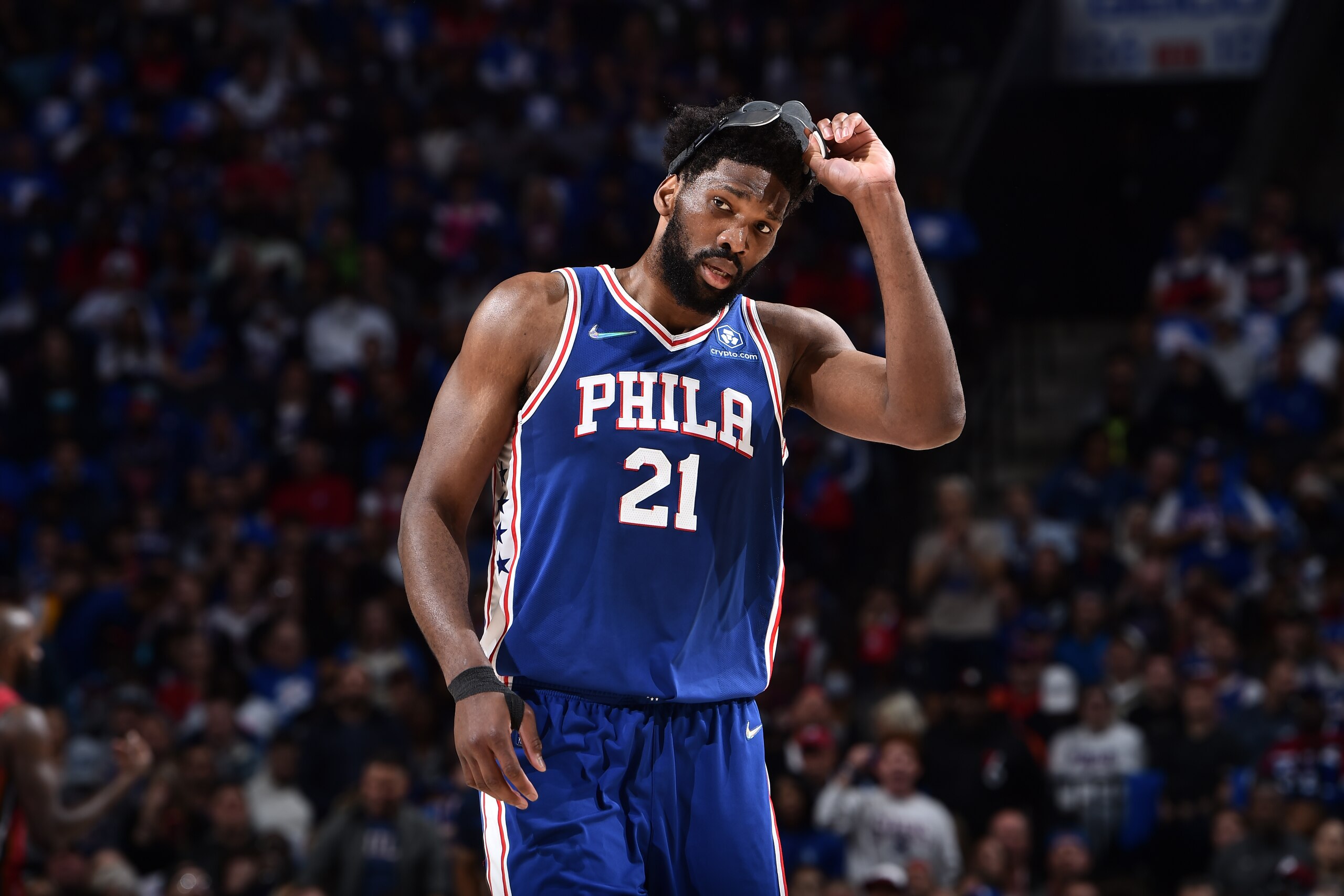 PHILADELPHIA, PA - MAY 6: Joel Embiid #21 of the Philadelphia 76ers looks on during the game against the Miami Heat during Game 3 of the 2022 NBA Playoffs Eastern Conference Semifinals on May 6, 2022 at the Wells Fargo Center in Philadelphia, Pennsylvania NOTE TO USER: User expressly acknowledges and agrees that, by downloading and/or using this Photograph, user is consenting to the terms and conditions of the Getty Images License Agreement. Mandatory Copyright Notice: Copyright 2022 NBAE (Photo by David Dow/NBAE via Getty Images) PHILADELPHIA, PA - MAY 6: Joel Embiid #21 of the Philadelphia 76ers looks on during the game against the Miami Heat during Game 3 of the 2022 NBA Playoffs Eastern Conference Semifinals on May 6, 2022 at the Wells Fargo Center in Philadelphia, Pennsylvania NOTE TO USER: User expressly acknowledges and agrees that, by downloading and/or using this Photograph, user is consenting to the terms and conditions of the Getty Images License Agreement. Mandatory Copyright Notice: Copyright 2022 NBAE (Photo by David Dow/NBAE via Getty Images)
