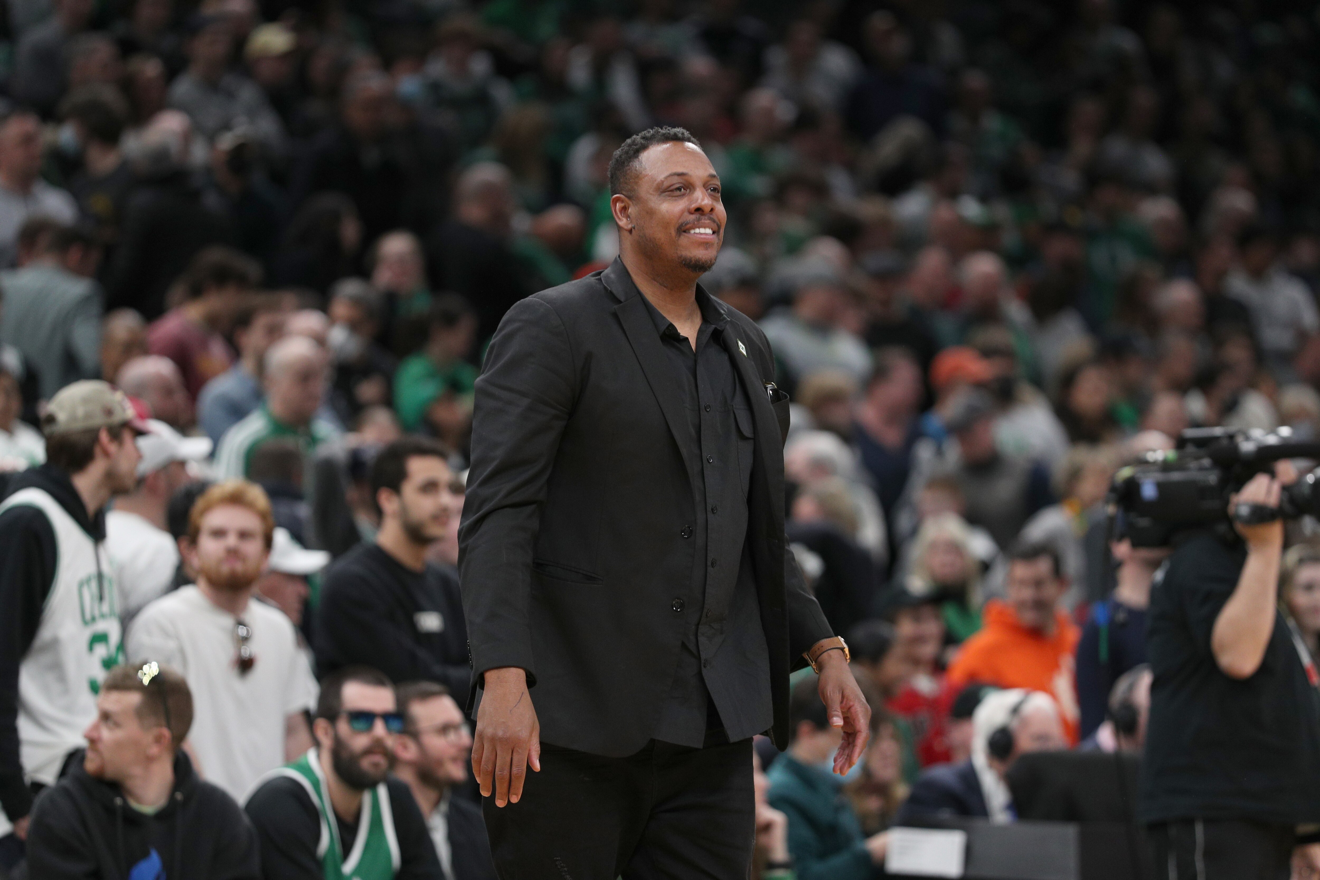 OSTON, MA - MARCH 13: Former Celtics Player, Paul Pierce smiles during the jersey retirement ceremony of Kevin Garnett on March 13, 2022 at the TD Garden in Boston, Massachusetts.  NOTE TO USER: User expressly acknowledges and agrees that, by downloading and or using this photograph, User is consenting to the terms and conditions of the Getty Images License Agreement. Mandatory Copyright Notice: Copyright 2022 NBAE  (Photo by Chris Marion/NBAE via Getty Images)