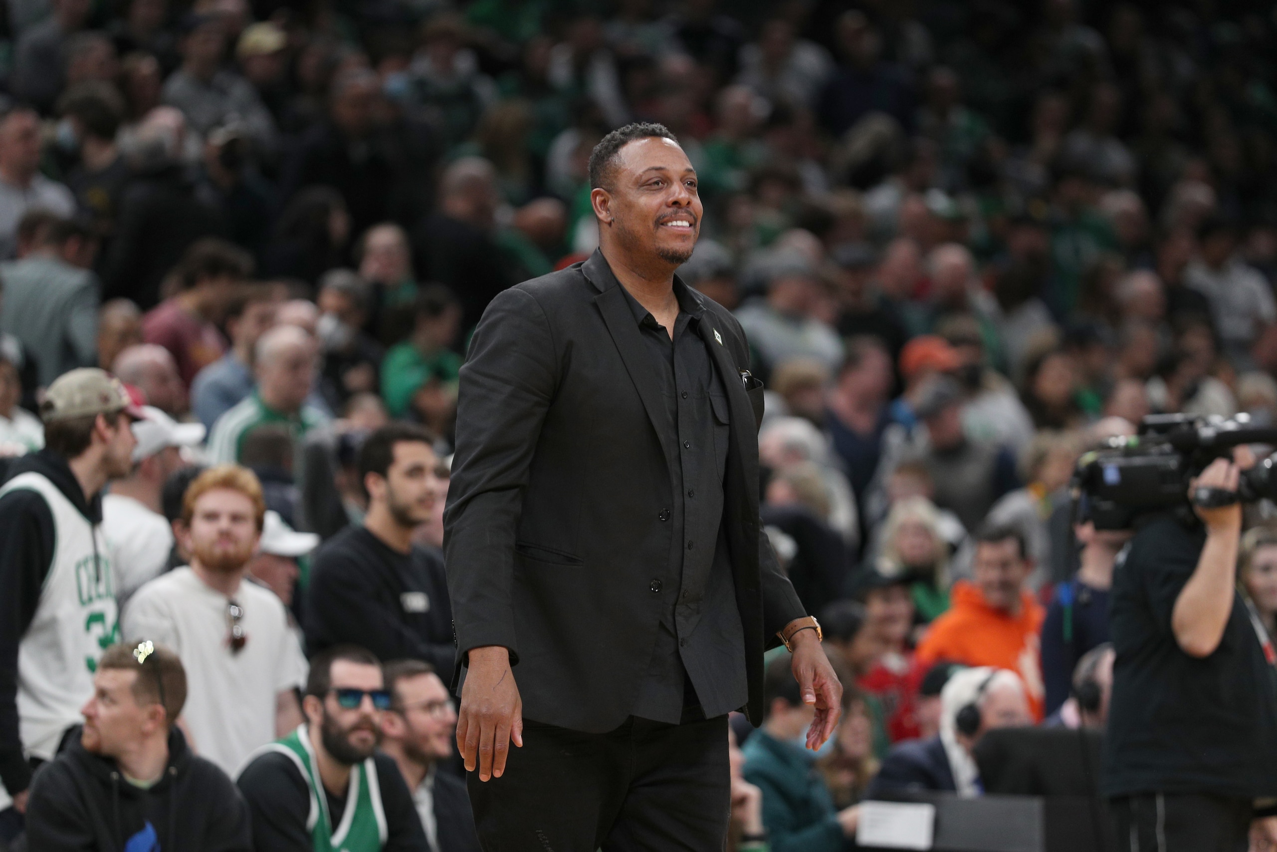OSTON, MA - MARCH 13: Former Celtics Player, Paul Pierce smiles during the jersey retirement ceremony of Kevin Garnett on March 13, 2022 at the TD Garden in Boston, Massachusetts. NOTE TO USER: User expressly acknowledges and agrees that, by downloading and or using this photograph, User is consenting to the terms and conditions of the Getty Images License Agreement. Mandatory Copyright Notice: Copyright 2022 NBAE (Photo by Chris Marion/NBAE via Getty Images) OSTON, MA - MARCH 13: Former Celtics Player, Paul Pierce smiles during the jersey retirement ceremony of Kevin Garnett on March 13, 2022 at the TD Garden in Boston, Massachusetts. NOTE TO USER: User expressly acknowledges and agrees that, by downloading and or using this photograph, User is consenting to the terms and conditions of the Getty Images License Agreement. Mandatory Copyright Notice: Copyright 2022 NBAE (Photo by Chris Marion/NBAE via Getty Images)