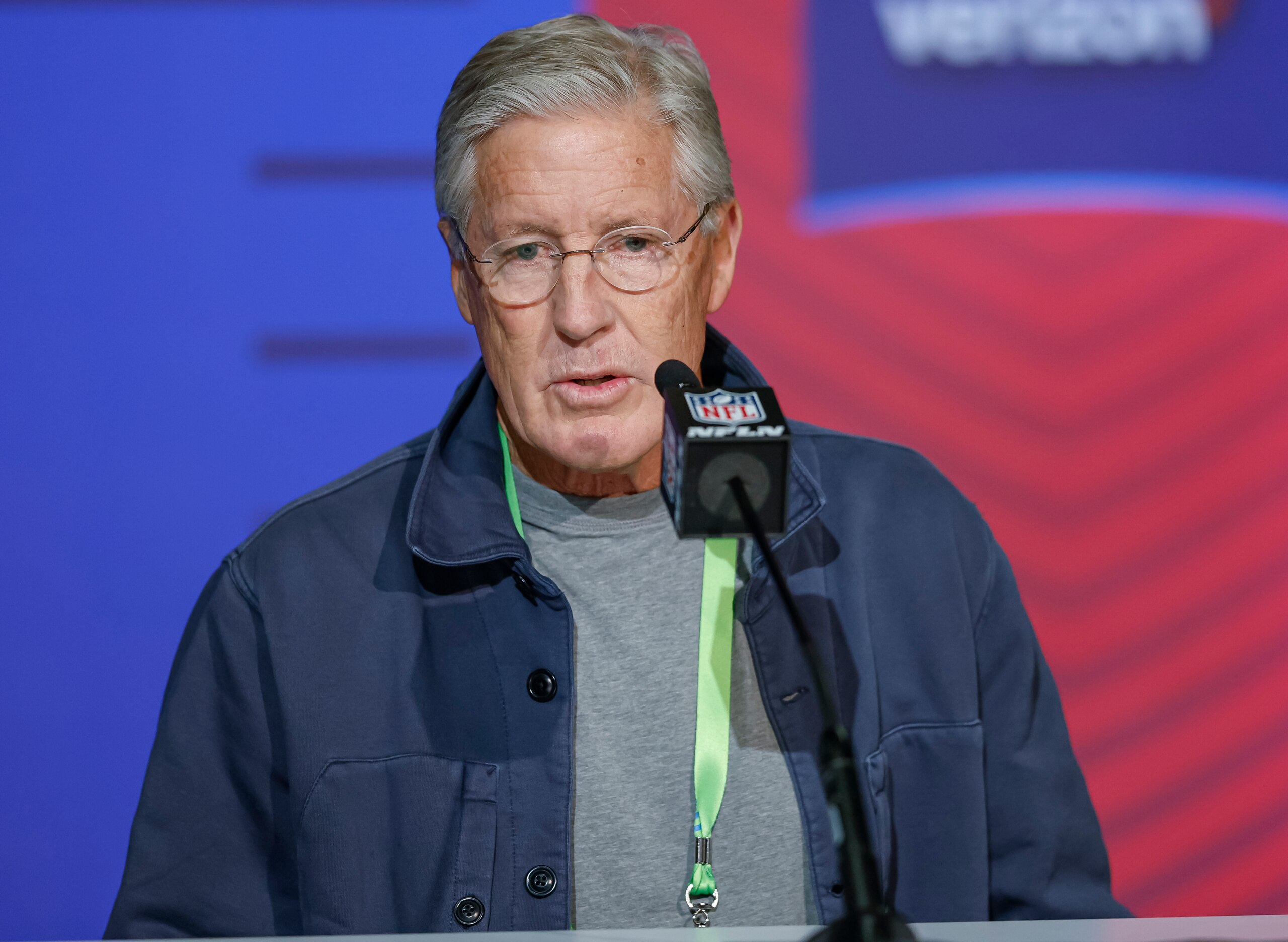 INDIANAPOLIS, IN - MAR 02: Head coach, Pete Carroll of the Seattle Seahawks speaks to reporters during the NFL Draft Combine at the Indiana Convention Center on March 2, 2022 in Indianapolis, Indiana. (Photo by Michael Hickey/Getty Images)