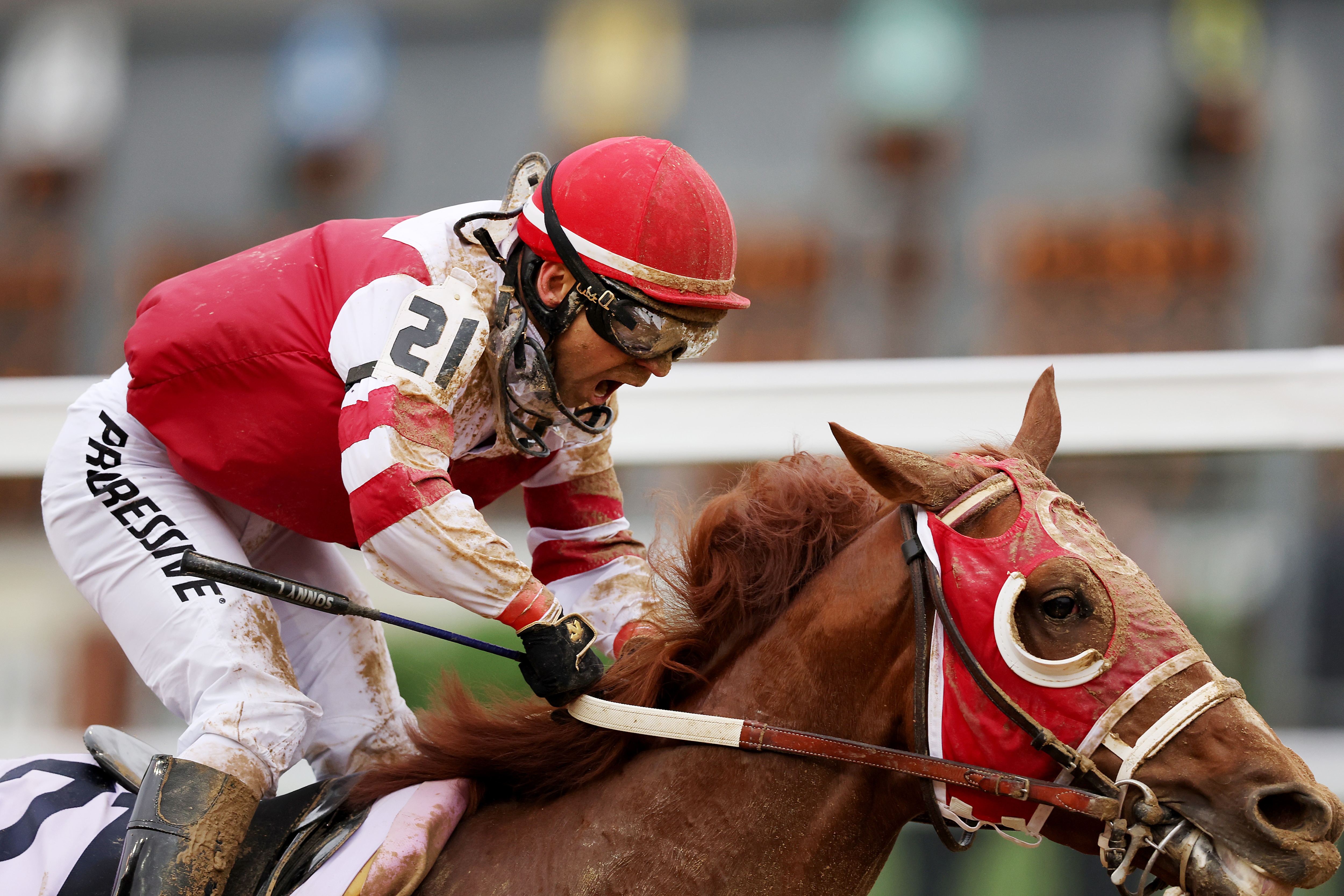 LOUISVILLE, KENTUCKY - MAY 07: Jockey Sonny Leon reacts as Rich Strike wins the 148th running of the Kentucky Derby at Churchill Downs on May 07, 2022 in Louisville, Kentucky. (Photo by Ezra Shaw/Getty Images)