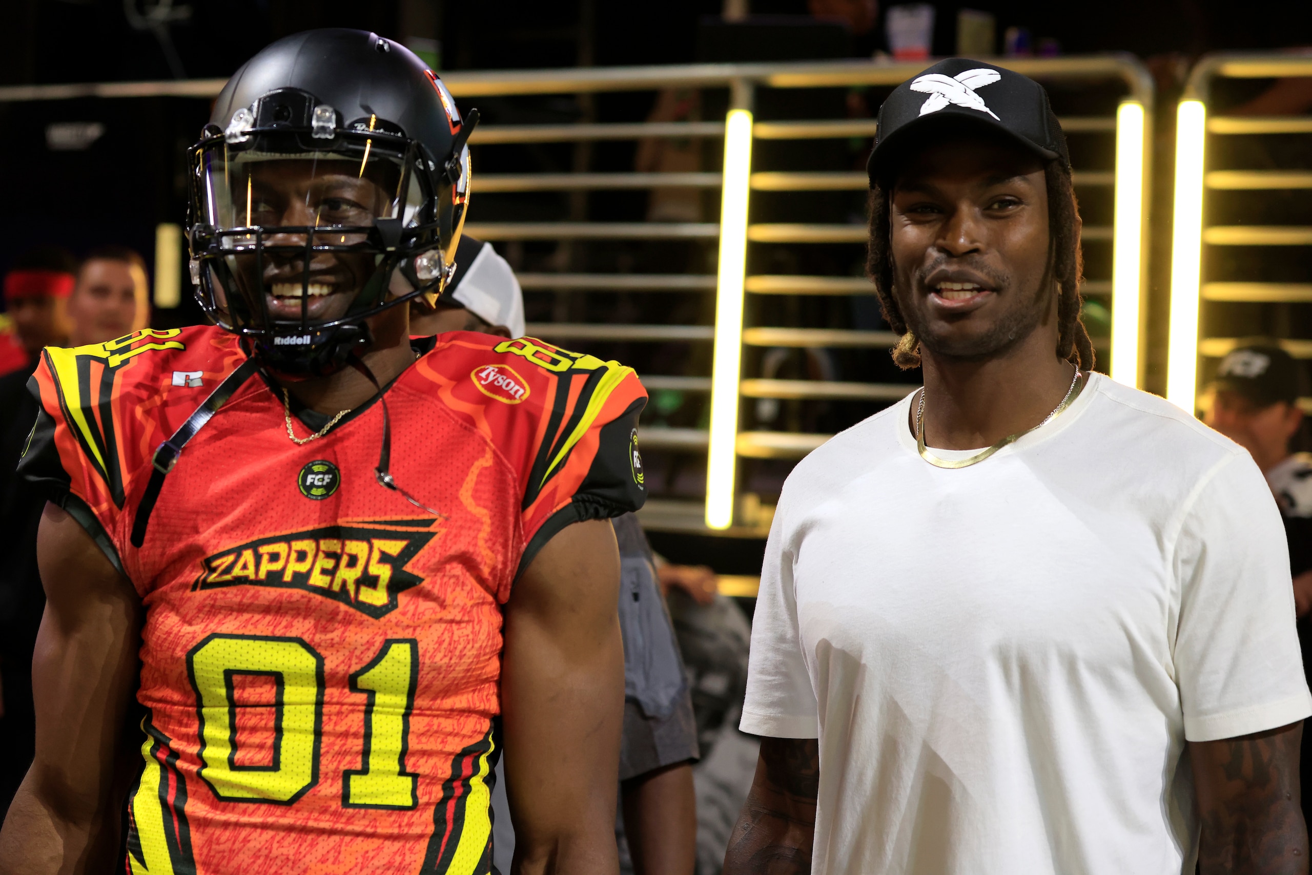 ATLANTA, GEORGIA - MAY 07: Terrell Owens #81 of the Zappers and Julio Jones talk prior to a game between the Zappers and Beasts during Fan Controlled Football Season v2.0 - Week Four on May 07, 2022 in Atlanta, Georgia. (Photo by Justin Casterline/Fan Controlled Football/Getty Images)