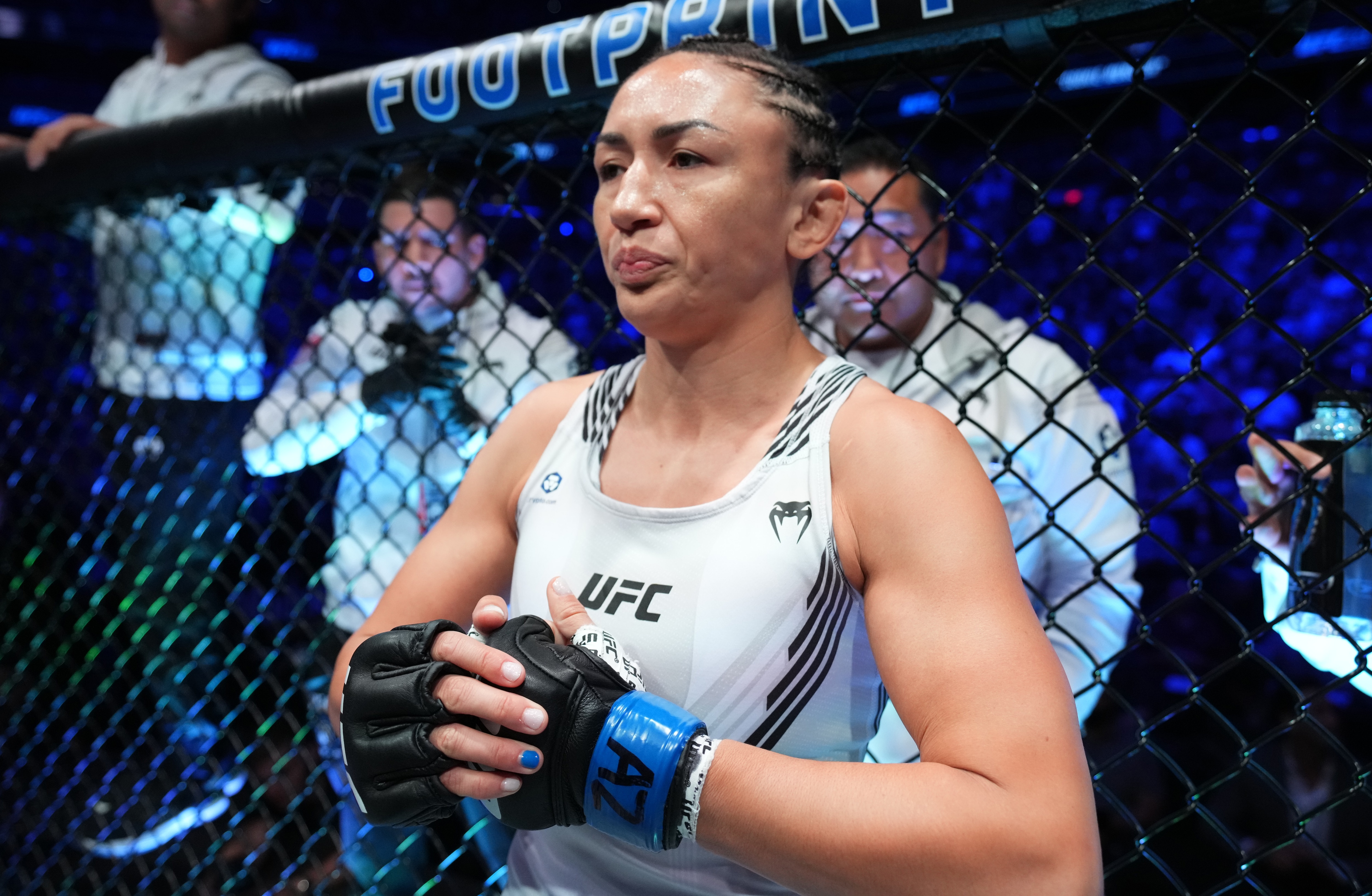 PHOENIX, ARIZONA - MAY 07: Carla Esparza prepares to fight Rose Namajunas in the UFC strawweight championship fight during the UFC 274 event at Footprint Center on May 07, 2022 in Phoenix, Arizona. (Photo by Chris Unger/Zuffa LLC)