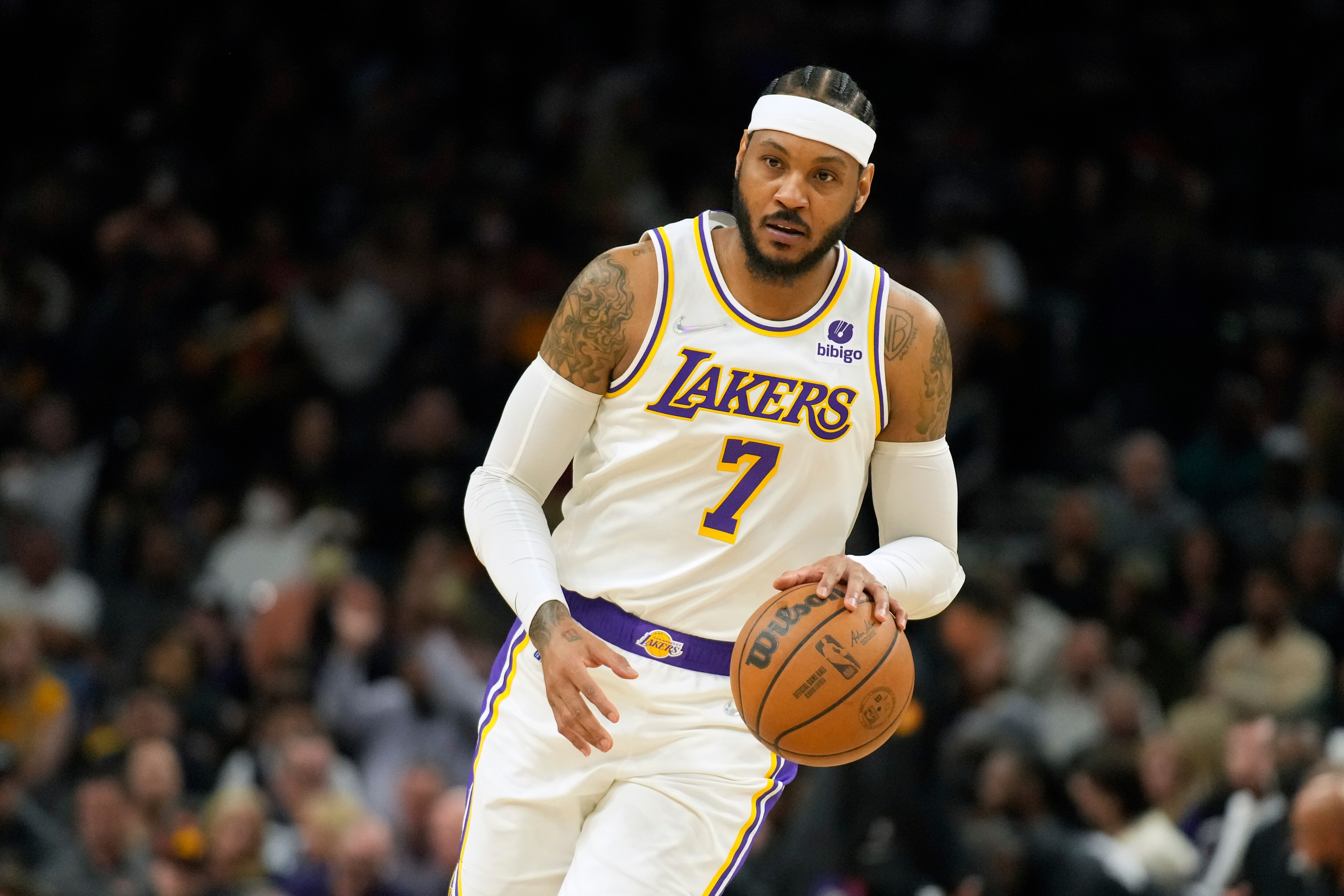 Los Angeles Lakers forward Carmelo Anthony (7) during the first half of an NBA basketball game against the Phoenix Suns, Sunday, Jan. 13, 2022, in Phoenix. (AP Photo/Rick Scuteri)