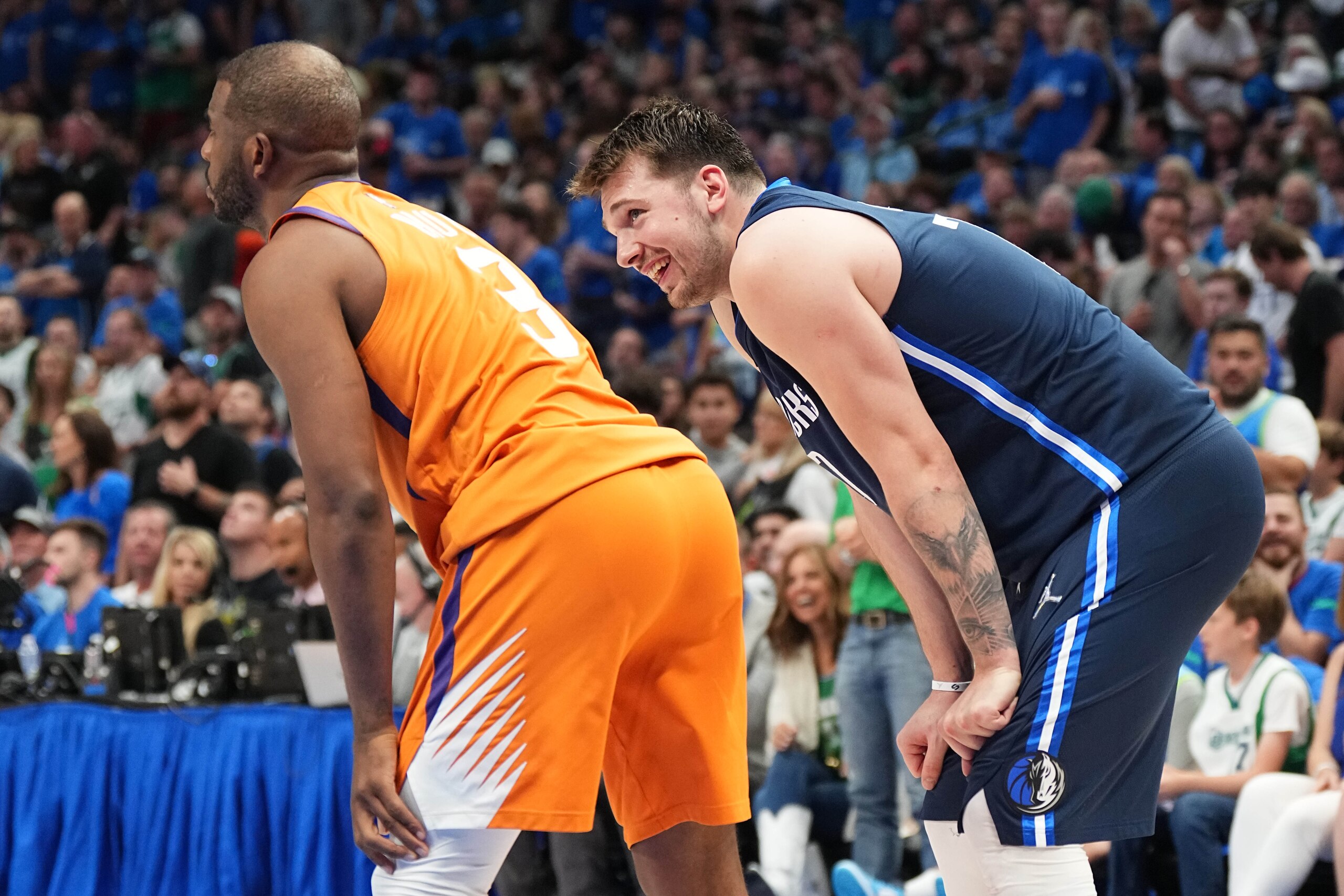 DALLAS, TX - MAY 8: Luka Doncic #77 of the Dallas Mavericks smiles during the game against the Phoenix Suns during Game 4 of the 2022 NBA Playoffs Western Conference Semifinals on May 8, 2022 at the American Airlines Center in Dallas, Texas. NOTE TO USER: User expressly acknowledges and agrees that, by downloading and or using this photograph, User is consenting to the terms and conditions of the Getty Images License Agreement. Mandatory Copyright Notice: Copyright 2022 NBAE (Photo by Glenn James/NBAE via Getty Images)
