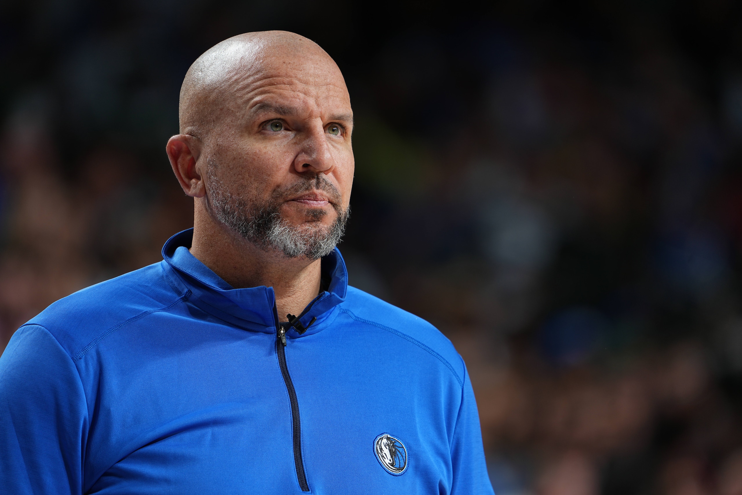 DALLAS, TX - MAY 6: Head Coach Jason Kidd of the Dallas Mavericks looks on during Game 3 of the 2022 NBA Playoffs Western Conference Semifinals on May 6, 2022 at the American Airlines Center in Dallas, Texas. NOTE TO USER: User expressly acknowledges and agrees that, by downloading and or using this photograph, User is consenting to the terms and conditions of the Getty Images License Agreement. Mandatory Copyright Notice: Copyright 2022 NBAE (Photo by Glenn James/NBAE via Getty Images)