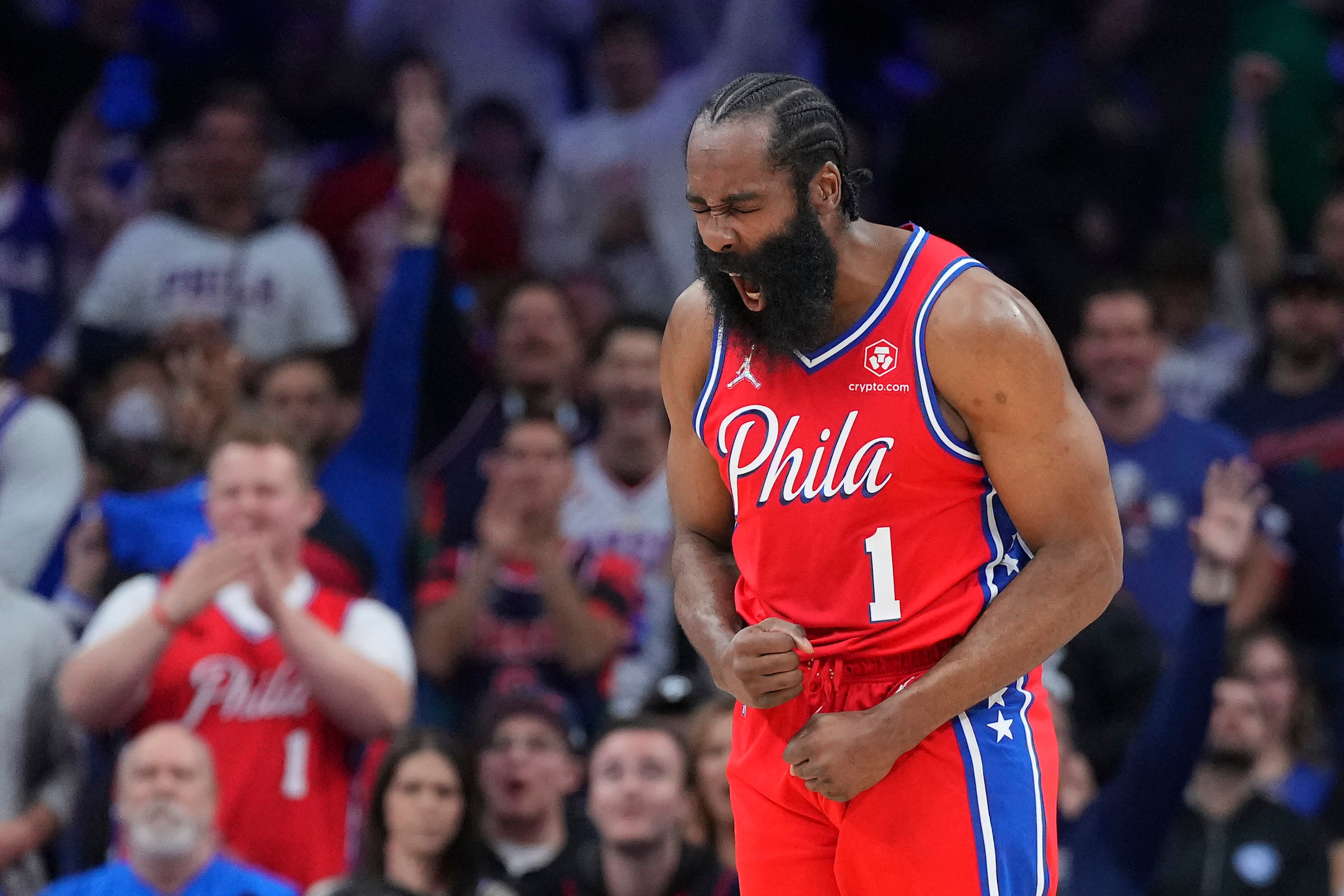 PHILADELPHIA, PA - MAY 08: James Harden #1 of the Philadelphia 76ers reacts against the Miami Heat in the first half during Game Four of the 2022 NBA Playoffs Eastern Conference Semifinals at the Wells Fargo Center on May 8, 2022 in Philadelphia, Pennsylvania. The 76ers defeated the Heat 99-79. NOTE TO USER: User expressly acknowledges and agrees that, by downloading and or using this photograph, User is consenting to the terms and conditions of the Getty Images License Agreement. (Photo by Mitchell Leff/Getty Images)