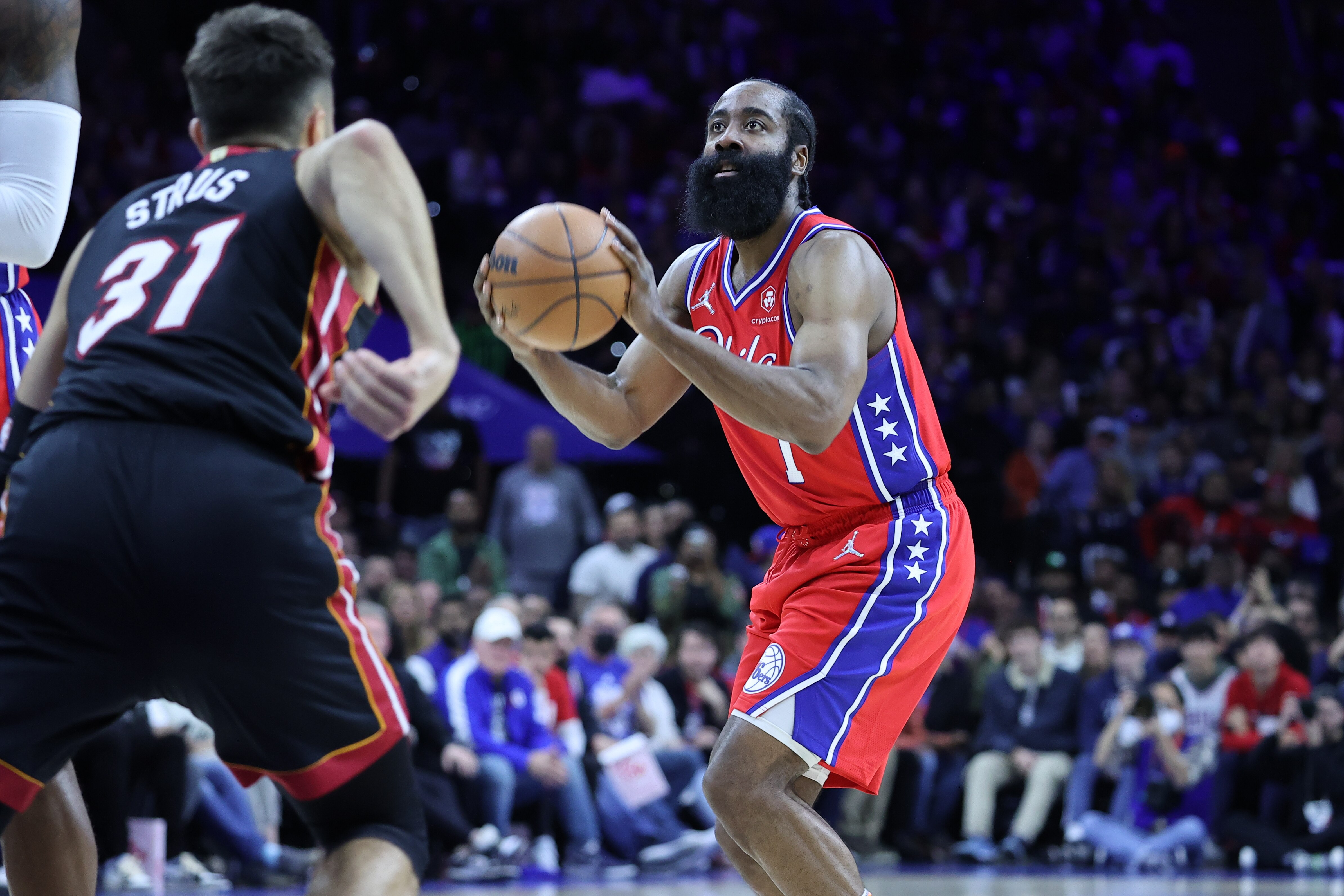 PHILADELPHIA, PA, USA - MAY 8: James Harden of Philadelphia 76ers and Max Strus of Miami Heat in action during NBA semifinals between Philadelphia 76ers and Miami Heat at the Wells Fargo Center in Philadelphia, Pennsylvania, United States on May 8, 2022. (Photo by Tayfun Coskun/Anadolu Agency via Getty Images)