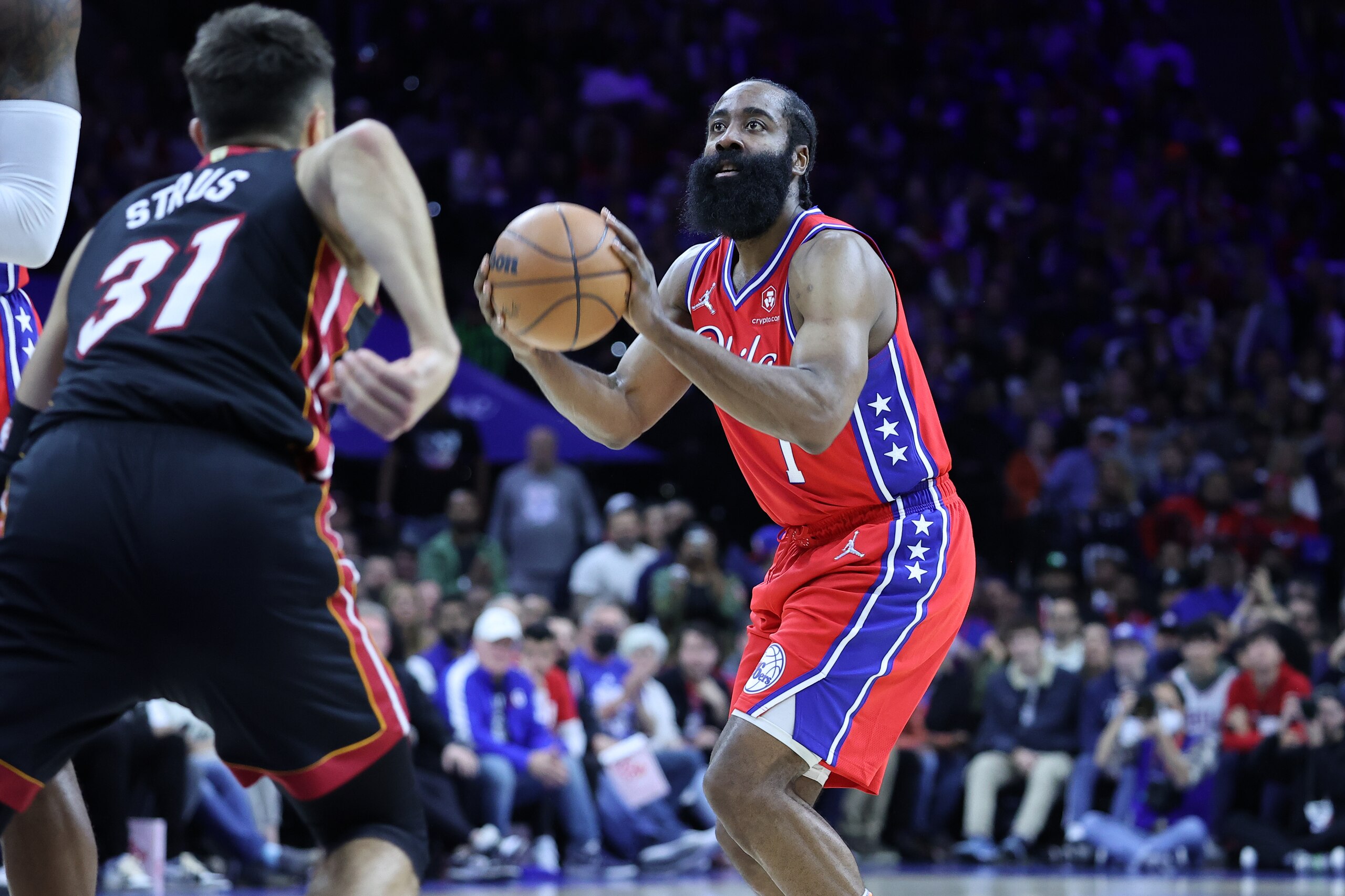 PHILADELPHIA, PA, USA - MAY 8: James Harden of Philadelphia 76ers and Max Strus of Miami Heat in action during NBA semifinals between Philadelphia 76ers and Miami Heat at the Wells Fargo Center in Philadelphia, Pennsylvania, United States on May 8, 2022. (Photo by Tayfun Coskun/Anadolu Agency via Getty Images)