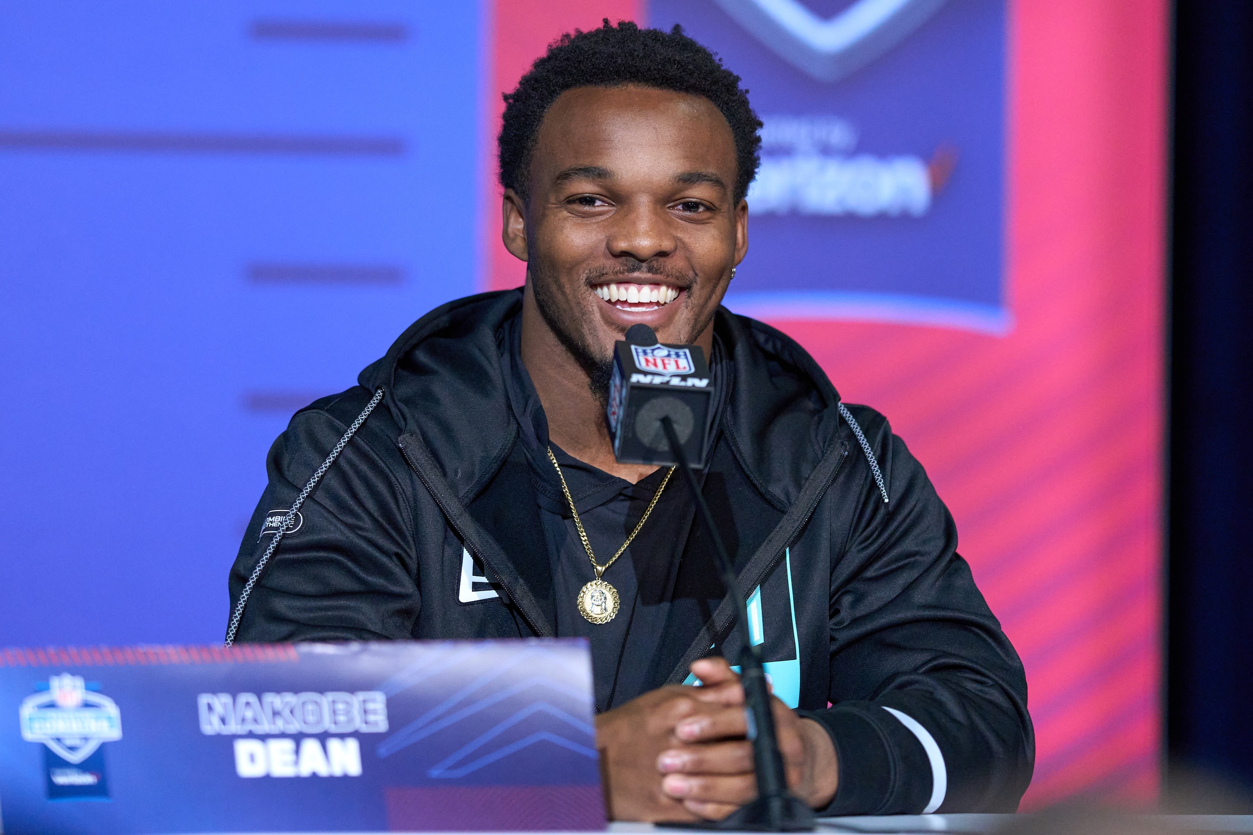 INDIANAPOLIS, IN - MARCH 04: Georgia linebacker Nakobe Dean answers questions from the media during the NFL Scouting Combine on March 4, 2022, at the Indiana Convention Center in Indianapolis, IN. (Photo by Robin Alam/Icon Sportswire via Getty Images)