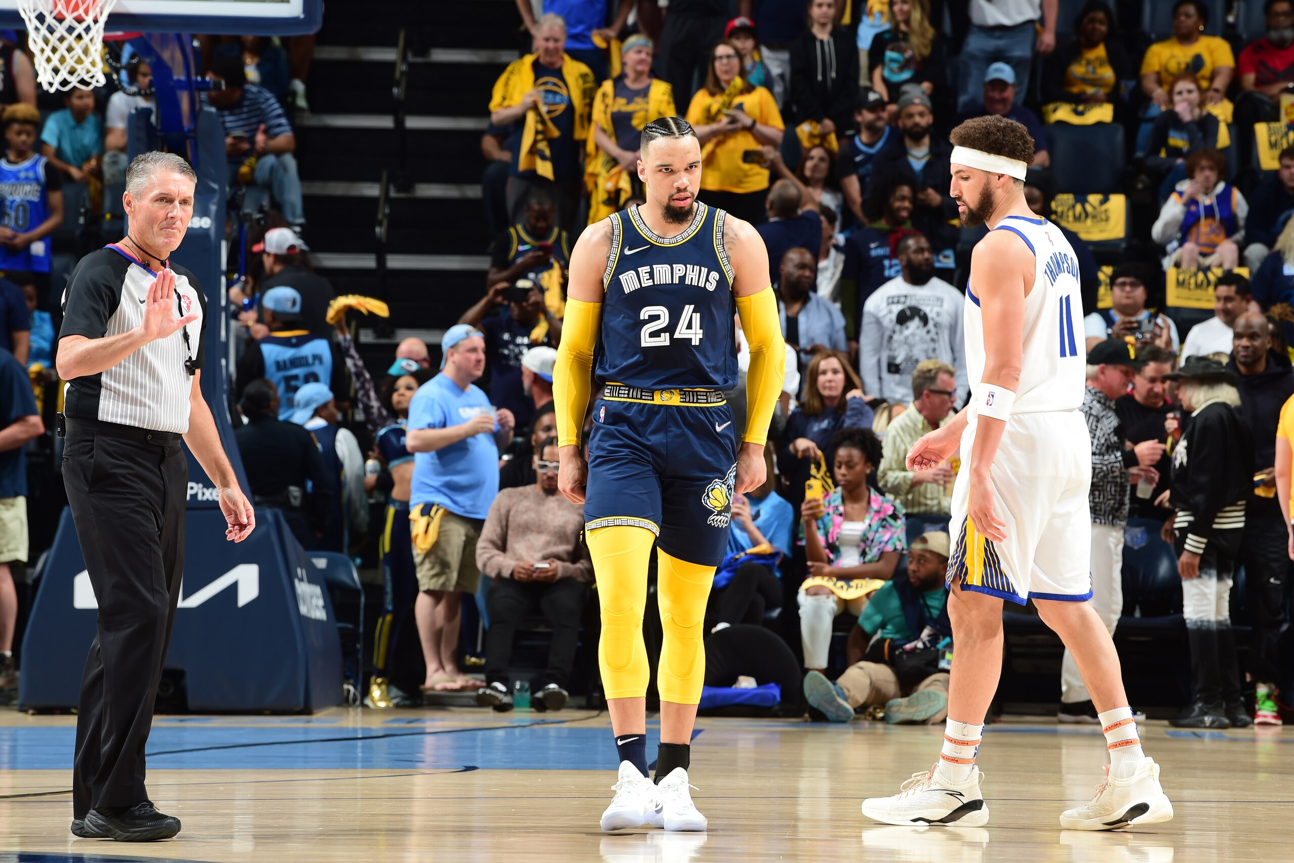 MEMPHIS, TN - MAY 3: Dillon Brooks #24 of the Memphis Grizzlies looks on during the game against the Golden State Warriors during Game 2 of the 2022 NBA Playoffs Western Conference Semifinals on May 3, 2022 at FedExForum in Memphis, Tennessee. NOTE TO USER: User expressly acknowledges and agrees that, by downloading and or using this photograph, user is consenting to the terms and conditions of Getty Images License Agreement. Mandatory Copyright Notice: Copyright 2022 NBAE (Photo by Noah Graham/NBAE via Getty Images)
