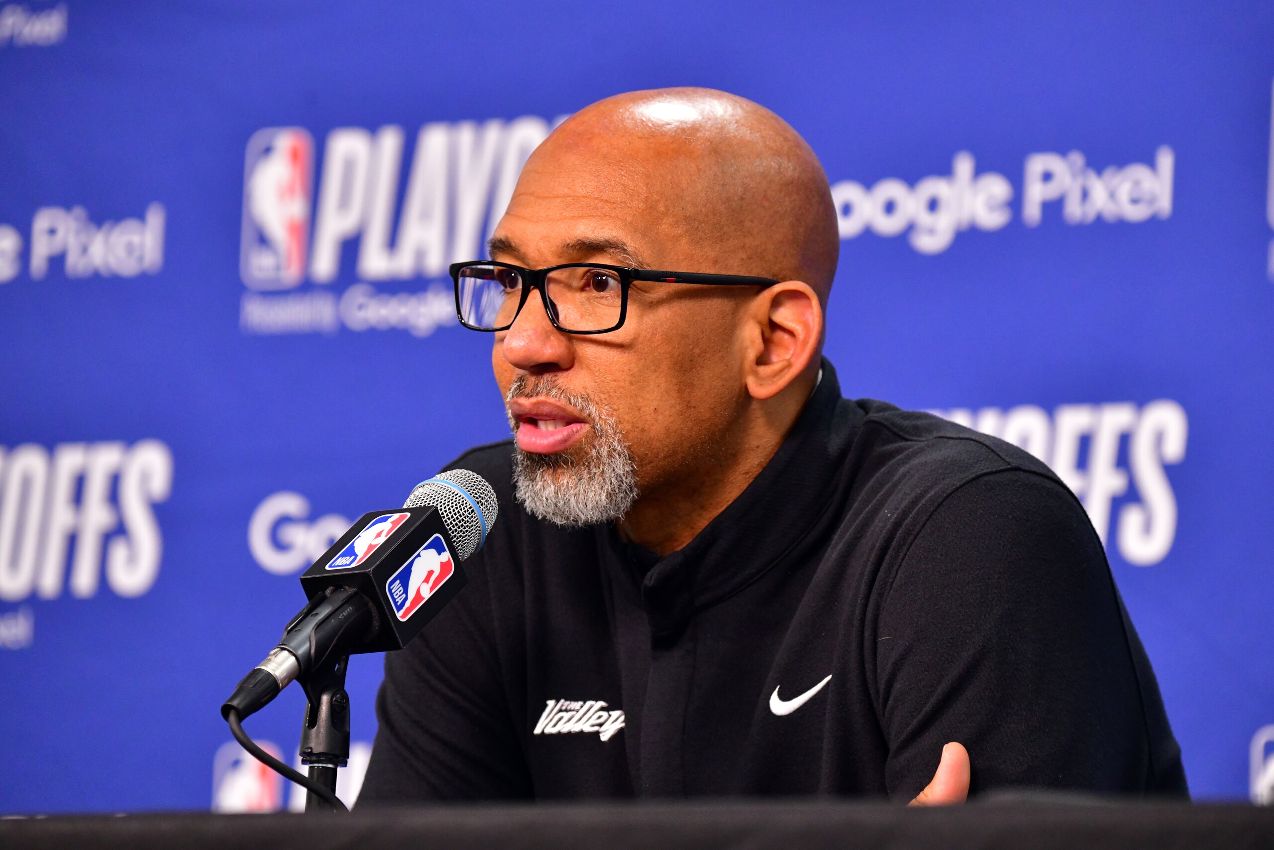 PHOENIX, AZ - MAY 4: Head Coach Monty Williams of the Phoenix Suns talks to the media after the game against the Dallas Mavericks during Game 2 of the 2022 NBA Playoffs Western Conference Semifinals on May 4, 2022 at Footprint Center in Phoenix, Arizona. NOTE TO USER: User expressly acknowledges and agrees that, by downloading and or using this photograph, user is consenting to the terms and conditions of the Getty Images License Agreement. Mandatory Copyright Notice: Copyright 2022 NBAE (Photo by Barry Gossage/NBAE via Getty Images)