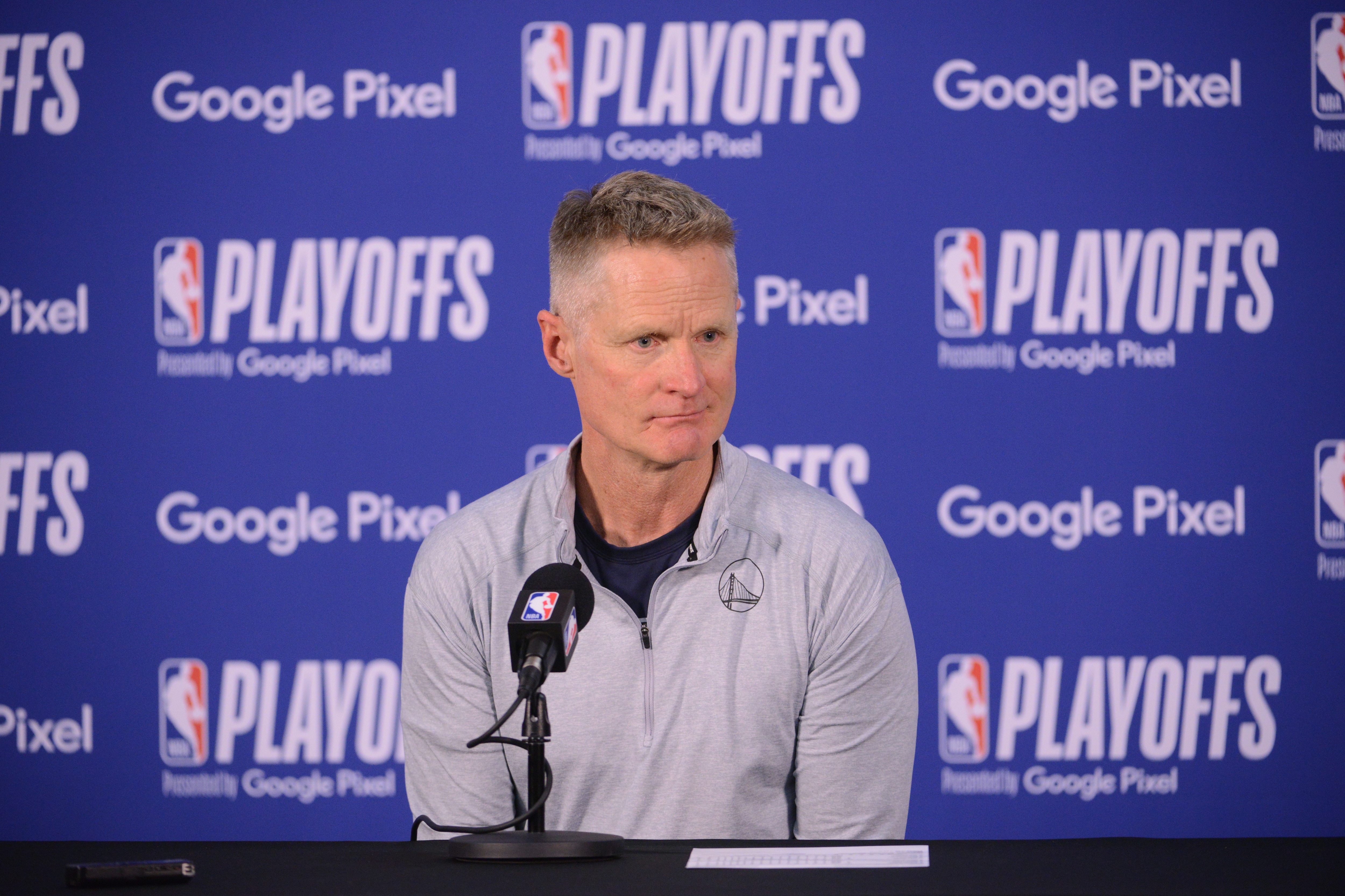 MEMPHIS, TN - MAY 3: Head Coach Steve Kerr of the Golden State Warriors talks to the media after Game 2 of the 2022 NBA Playoffs Western Conference Semifinals on May 3, 2022 at FedExForum in Memphis, Tennessee. NOTE TO USER: User expressly acknowledges and agrees that, by downloading and or using this photograph, user is consenting to the terms and conditions of Getty Images License Agreement. Mandatory Copyright Notice: Copyright 2022 NBAE (Photo by Noah Graham/NBAE via Getty Images)
