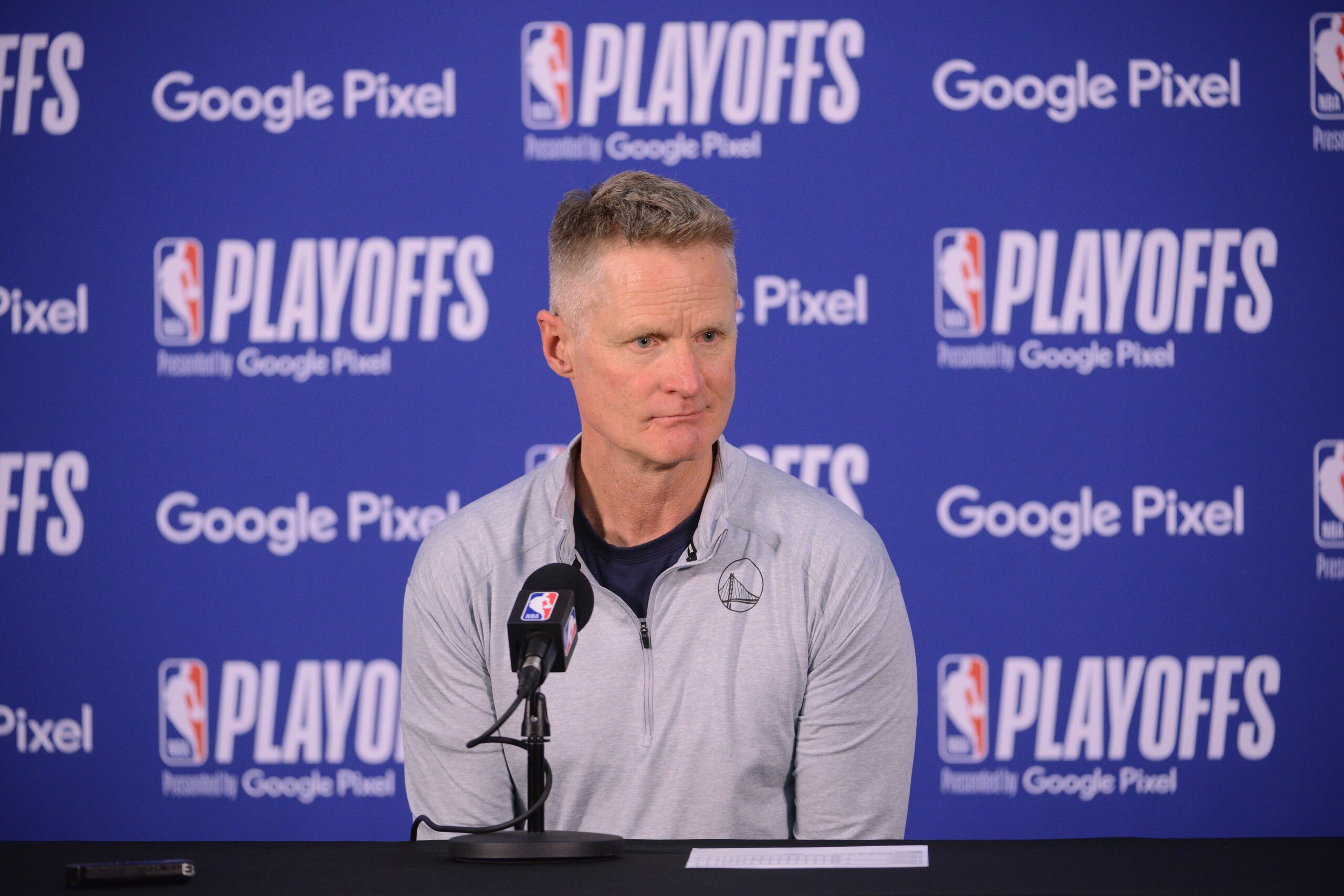 MEMPHIS, TN - MAY 3: Head Coach Steve Kerr of the Golden State Warriors talks to the media after Game 2 of the 2022 NBA Playoffs Western Conference Semifinals on May 3, 2022 at FedExForum in Memphis, Tennessee. NOTE TO USER: User expressly acknowledges and agrees that, by downloading and or using this photograph, user is consenting to the terms and conditions of Getty Images License Agreement. Mandatory Copyright Notice: Copyright 2022 NBAE (Photo by Noah Graham/NBAE via Getty Images)