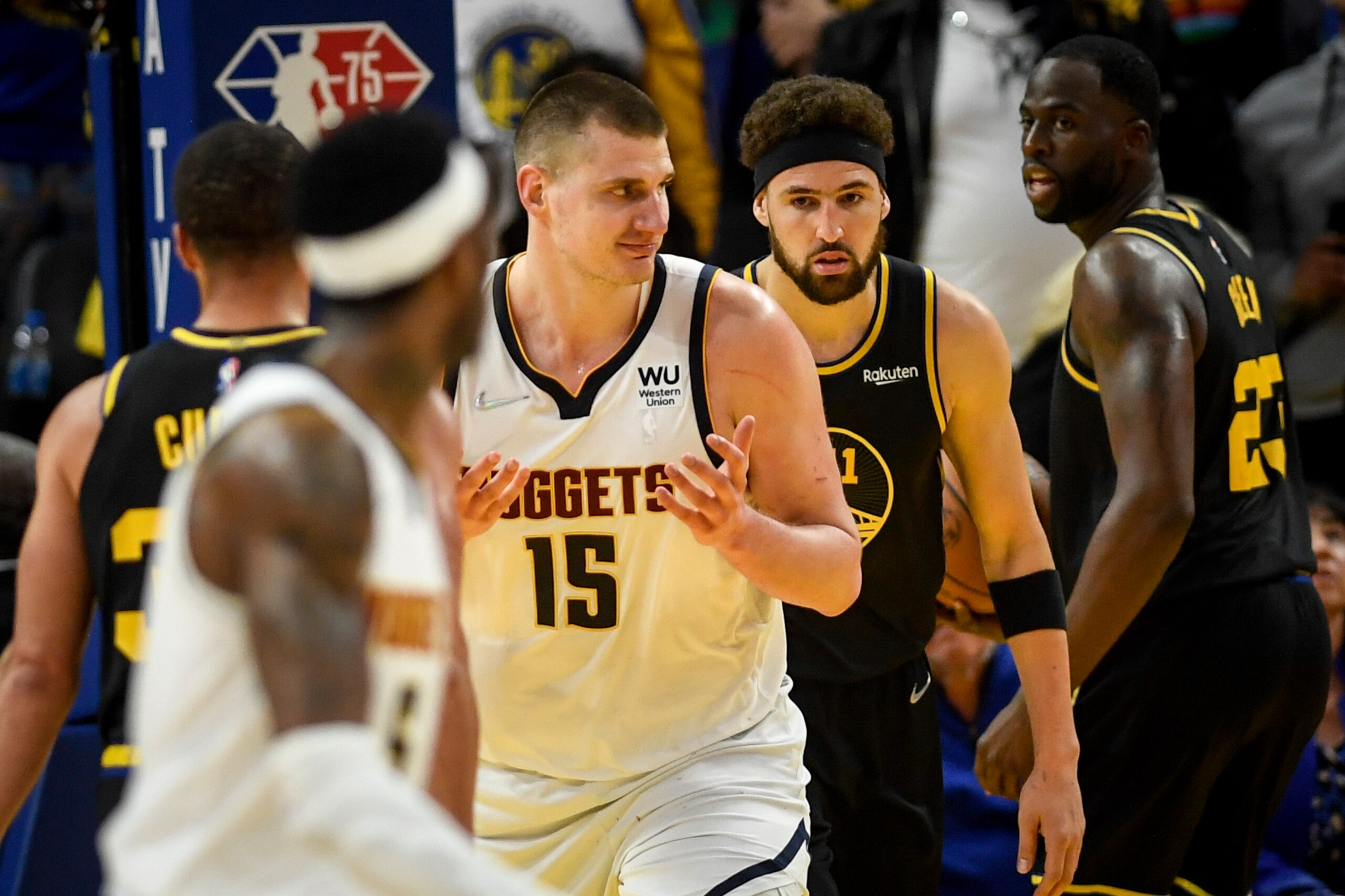 SAN FRANCISCO , CA - APRIL 27: Nikola Jokic (15) of the Denver Nuggets looks for a foul call late during the fourth quarter of Golden State"u2019s 102-98 win at Chase Center on Wednesday, April 27, 2022. (Photo by AAron Ontiveroz/MediaNews Group/The Denver Post via Getty Images)
