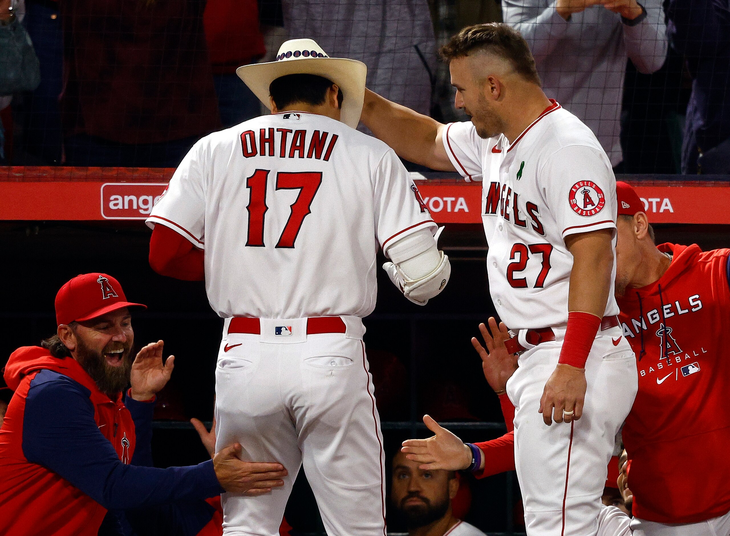 ANAHEIM, CALIFORNIA - MAY 09: Shohei Ohtani #17 and Mike Trout #27 of the Los Angeles Angels celebrate a home run against the Tampa Bay Rays in the sixth inning at Angel Stadium of Anaheim on May 09, 2022 in Anaheim, California. (Photo by Ronald Martinez/Getty Images) ANAHEIM, CALIFORNIA - MAY 09: Shohei Ohtani #17 and Mike Trout #27 of the Los Angeles Angels celebrate a home run against the Tampa Bay Rays in the sixth inning at Angel Stadium of Anaheim on May 09, 2022 in Anaheim, California. (Photo by Ronald Martinez/Getty Images)