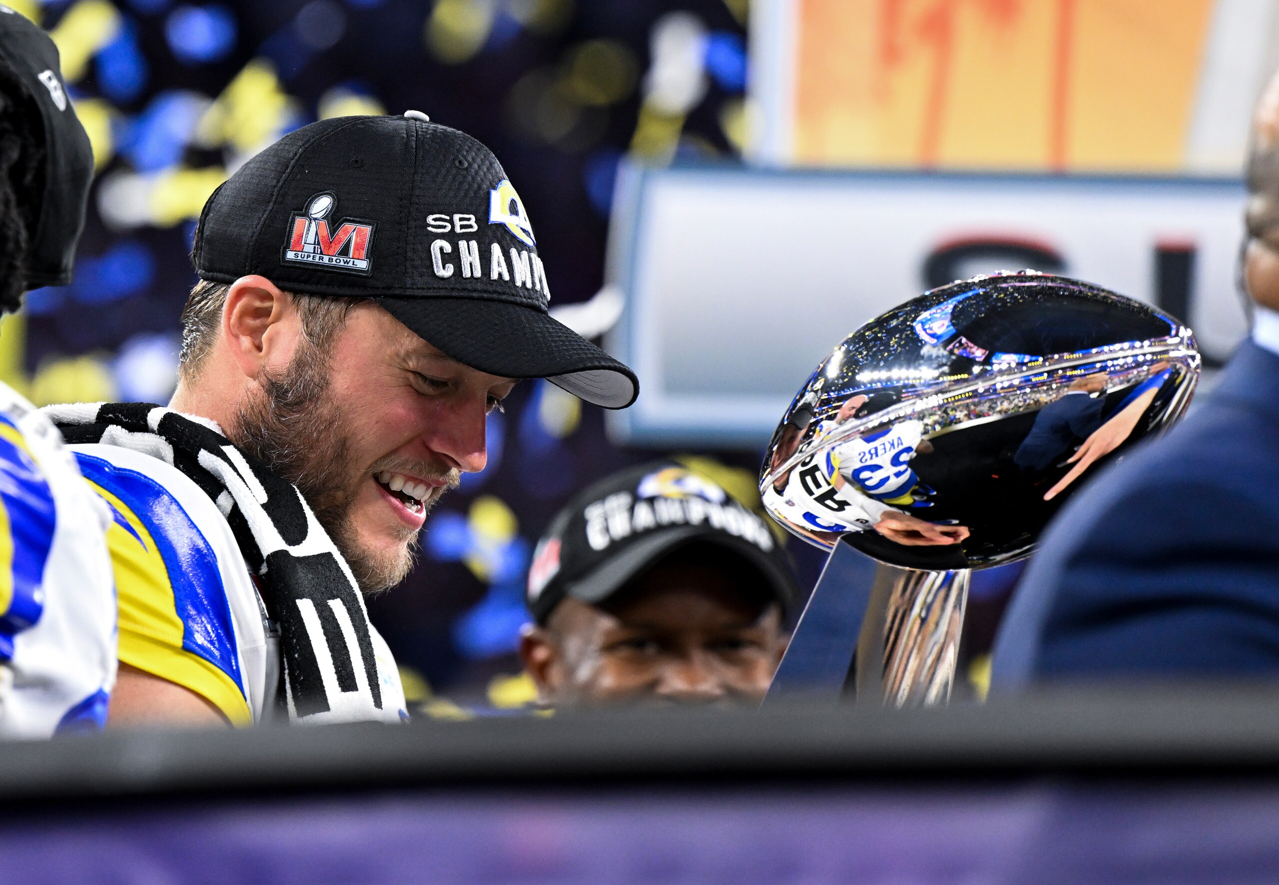 Inglewood, CA - February 13: Los Angeles Rams quarterback Matthew Stafford (9) holds onto the Lombardi Trophy after defeating the Cincinnati Bengals 23-20 in Super Bowl LVI at SoFi Stadium on Sunday, Feb. 13, 2022 in Inglewood, CA.(Wally Skalij / Los Angeles Times via Getty Images)