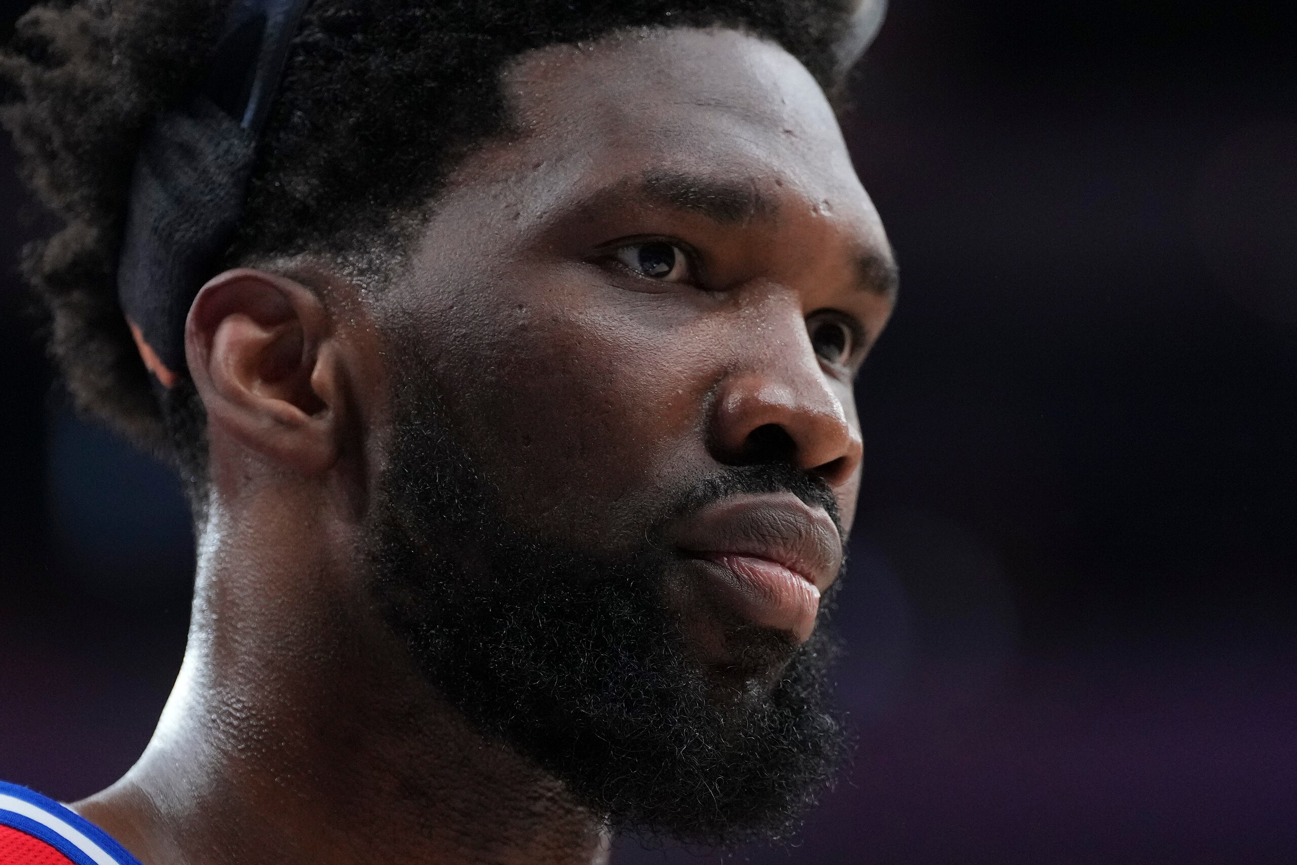 PHILADELPHIA, PA - MAY 08: Joel Embiid #21 of the Philadelphia 76ers looks on against the Miami Heat during Game Four of the 2022 NBA Playoffs Eastern Conference Semifinals at the Wells Fargo Center on May 8, 2022 in Philadelphia, Pennsylvania. The 76ers defeated the Heat 116-108. NOTE TO USER: User expressly acknowledges and agrees that, by downloading and or using this photograph, User is consenting to the terms and conditions of the Getty Images License Agreement. (Photo by Mitchell Leff/Getty Images)