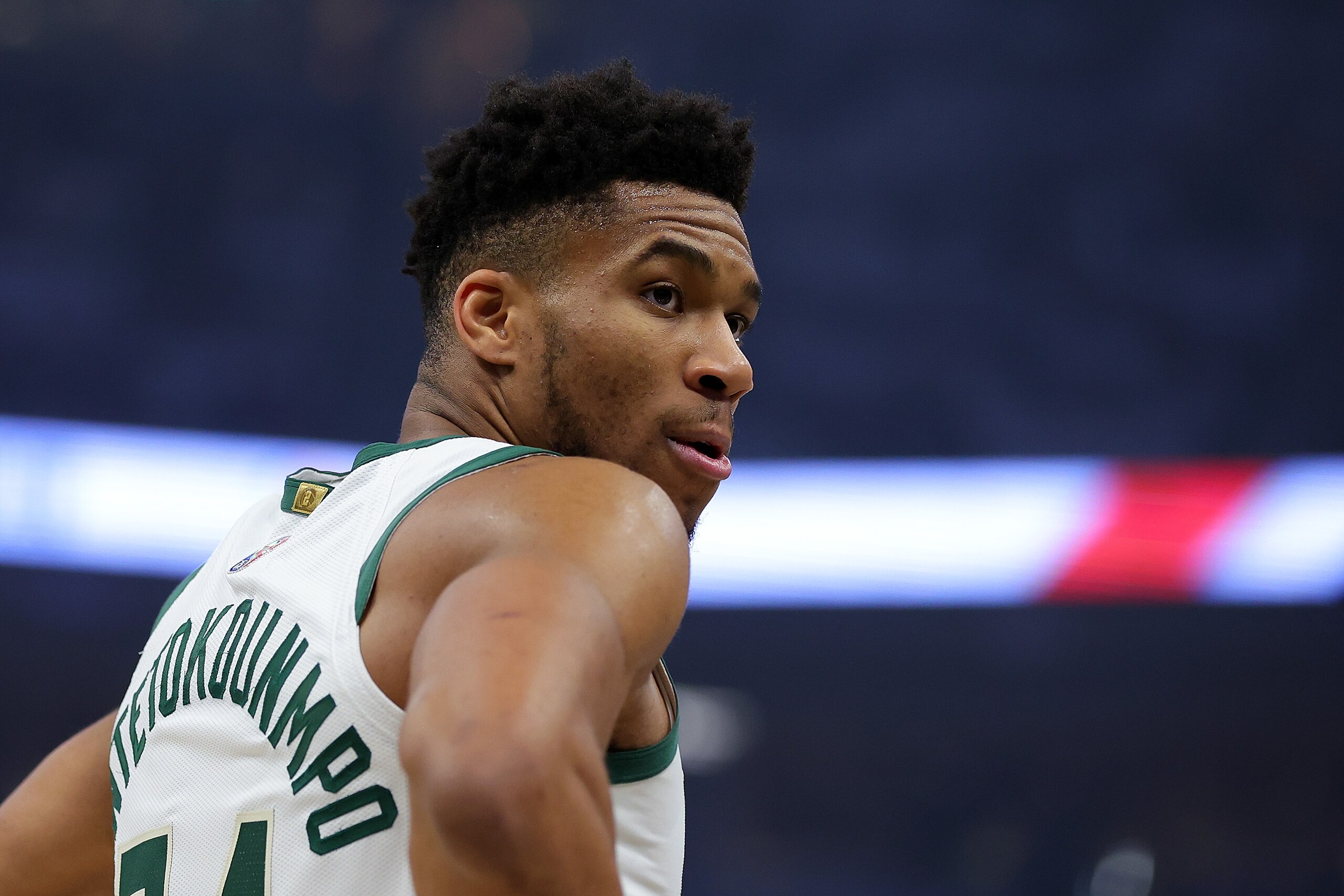 MILWAUKEE, WISCONSIN - MAY 09: Giannis Antetokounmpo #34 of the Milwaukee Bucks looks to the bench during the first quarter of Game 4 of the Eastern Conference Semifinals against the Boston Celtics at Fiserv Forum on May 09, 2022 in Milwaukee, Wisconsin. NOTE TO USER: User expressly acknowledges and agrees that, by downloading and or using this photograph, User is consenting to the terms and conditions of the Getty Images License Agreement. (Photo by Stacy Revere/Getty Images)