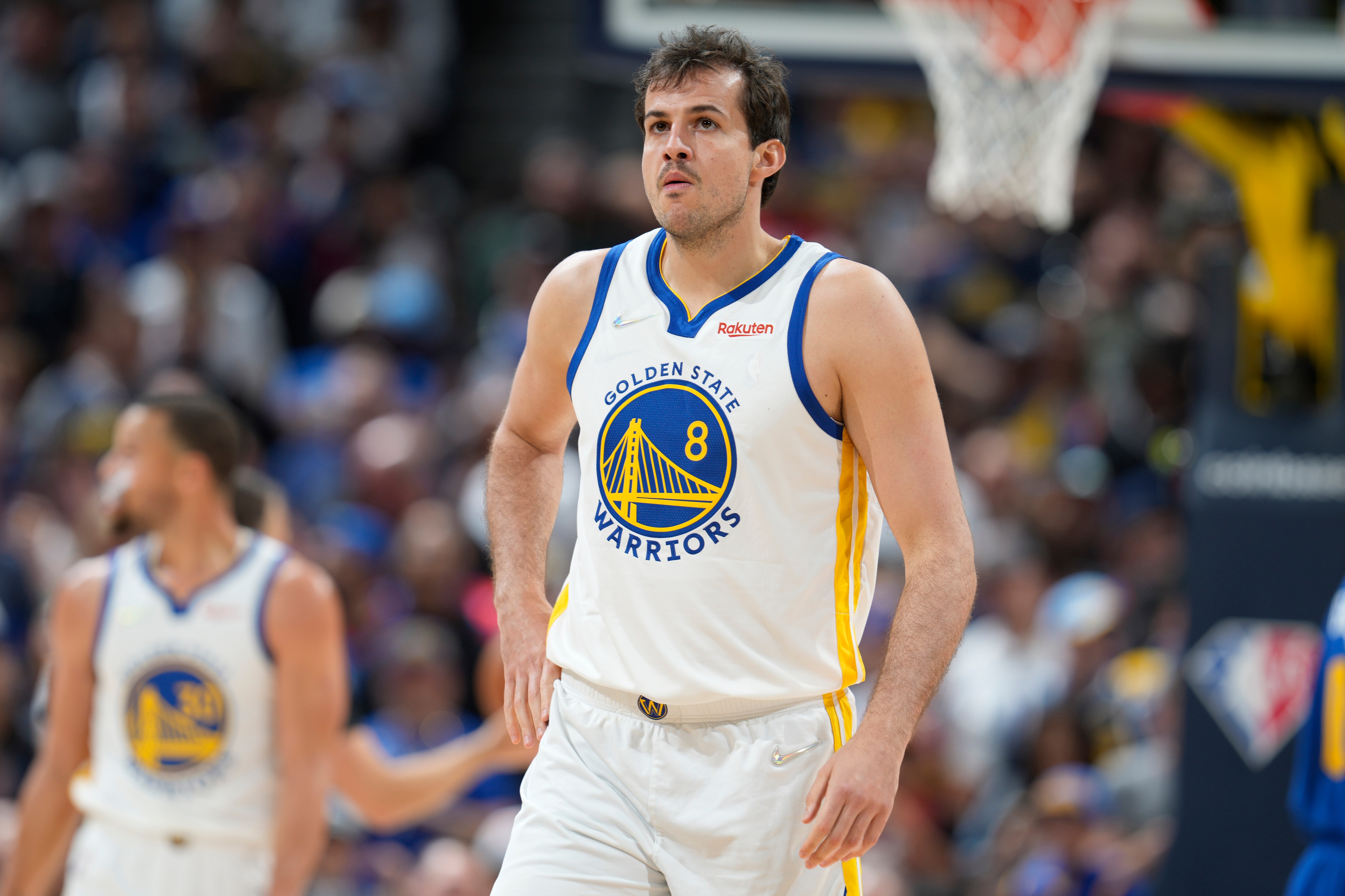 Golden State Warriors forward Nemanja Bjelica (8) in the second half of Game 3 of an NBA basketball first-round Western Conference playoff series Thursday, April 21, 2022, in Denver. (AP Photo/David Zalubowski)