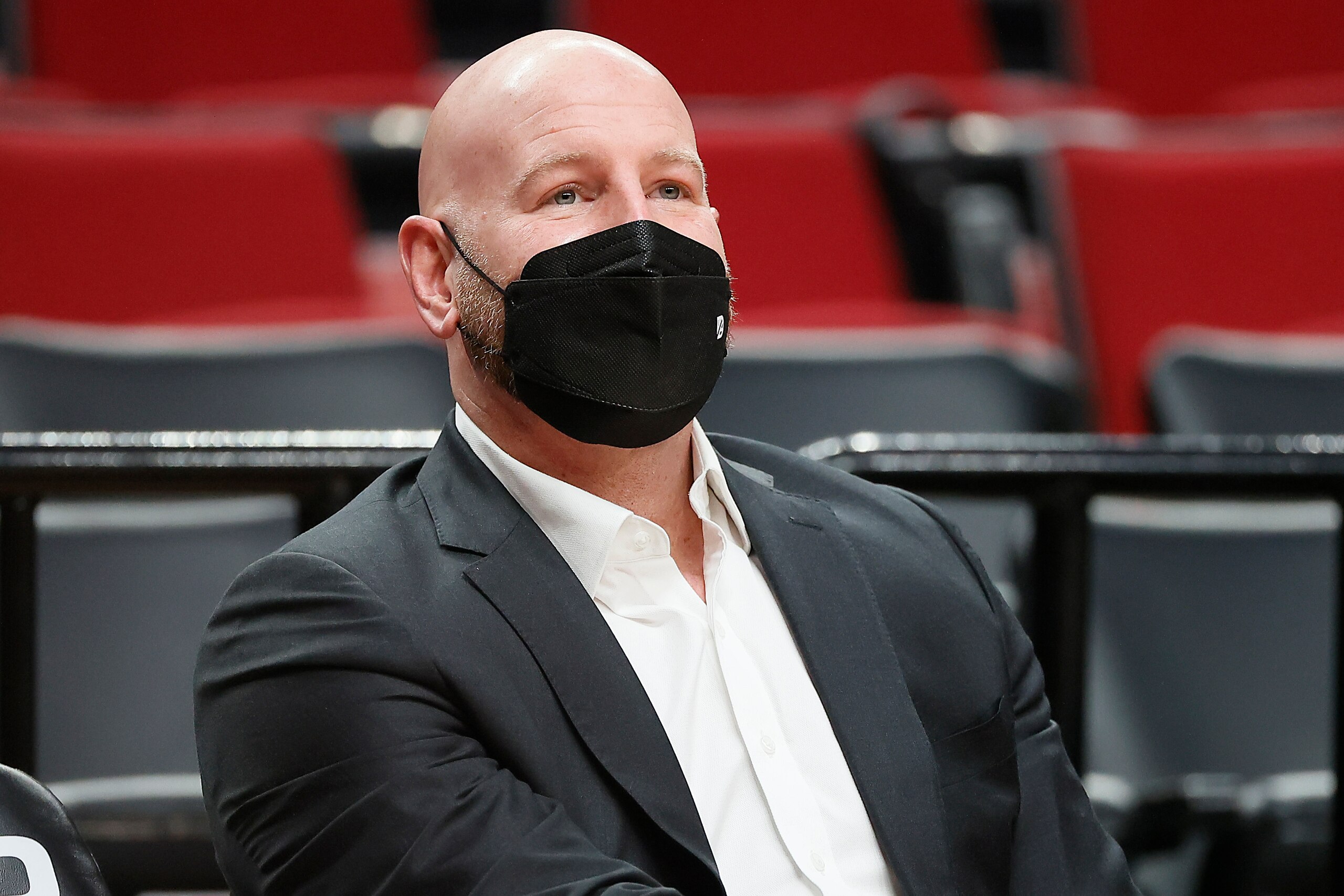 PORTLAND, OREGON - DECEMBER 17: Interim general manager Joe Cronin of the Portland Trail Blazers watches players on the court prior to the game against the Charlotte Hornets at Moda Center on December 17, 2021 in Portland, Oregon. NOTE TO USER: User expressly acknowledges and agrees that, by downloading and or using this photograph, User is consenting to the terms and conditions of the Getty Images License Agreement. (Photo by Soobum Im/Getty Images)