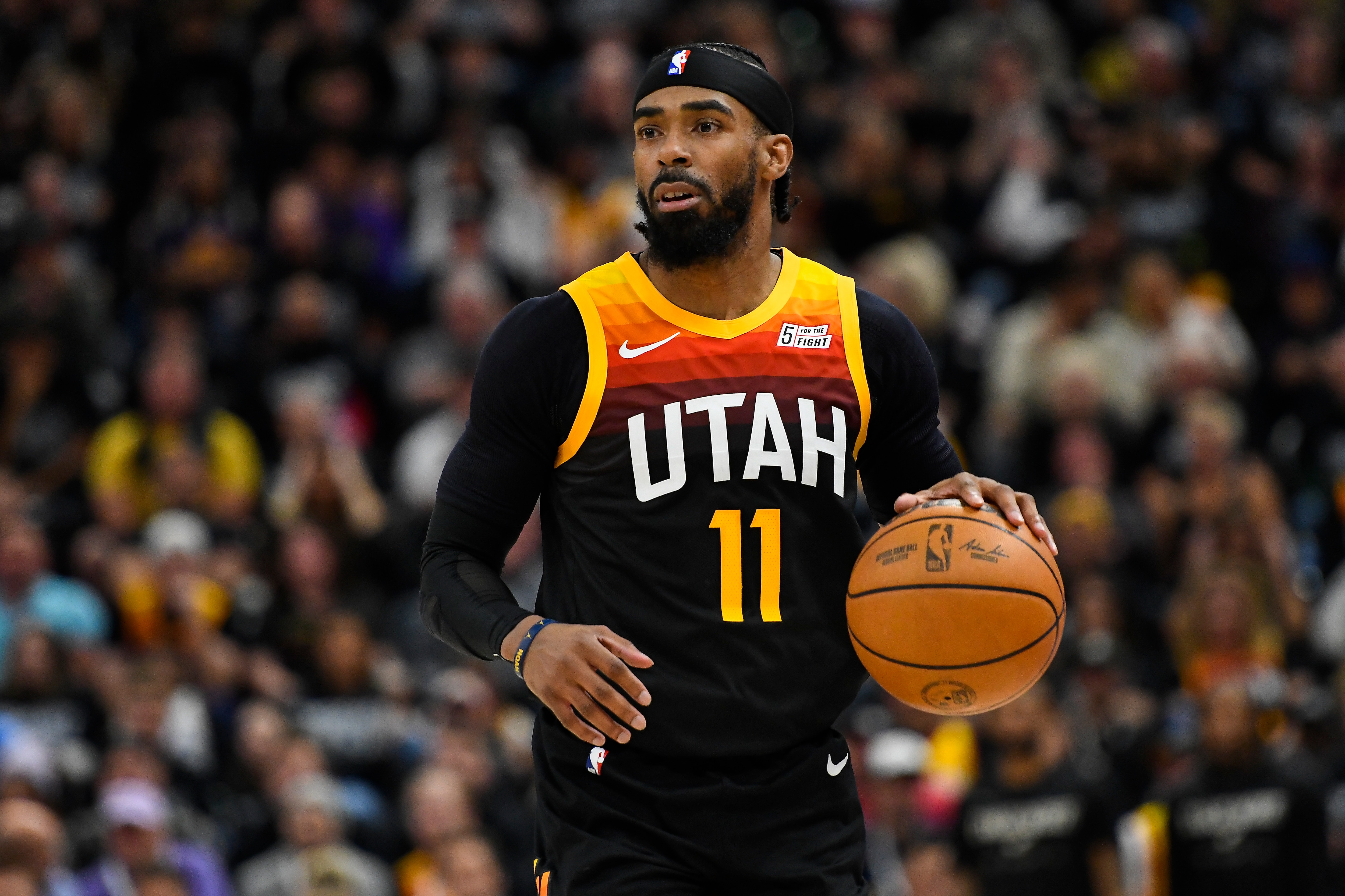 SALT LAKE CITY, UTAH - APRIL 28: Mike Conley #11 of the Utah Jazz in action during the second half of Game 6 of the Western Conference First Round Playoffs against the Dallas Mavericks at Vivint Smart Home Arena on April 28, 2022 in Salt Lake City, Utah. NOTE TO USER: User expressly acknowledges and agrees that, by downloading and/or using this Photograph, user is consenting to the terms and conditions of the Getty Images License Agreement. (Photo by Alex Goodlett/Getty Images)