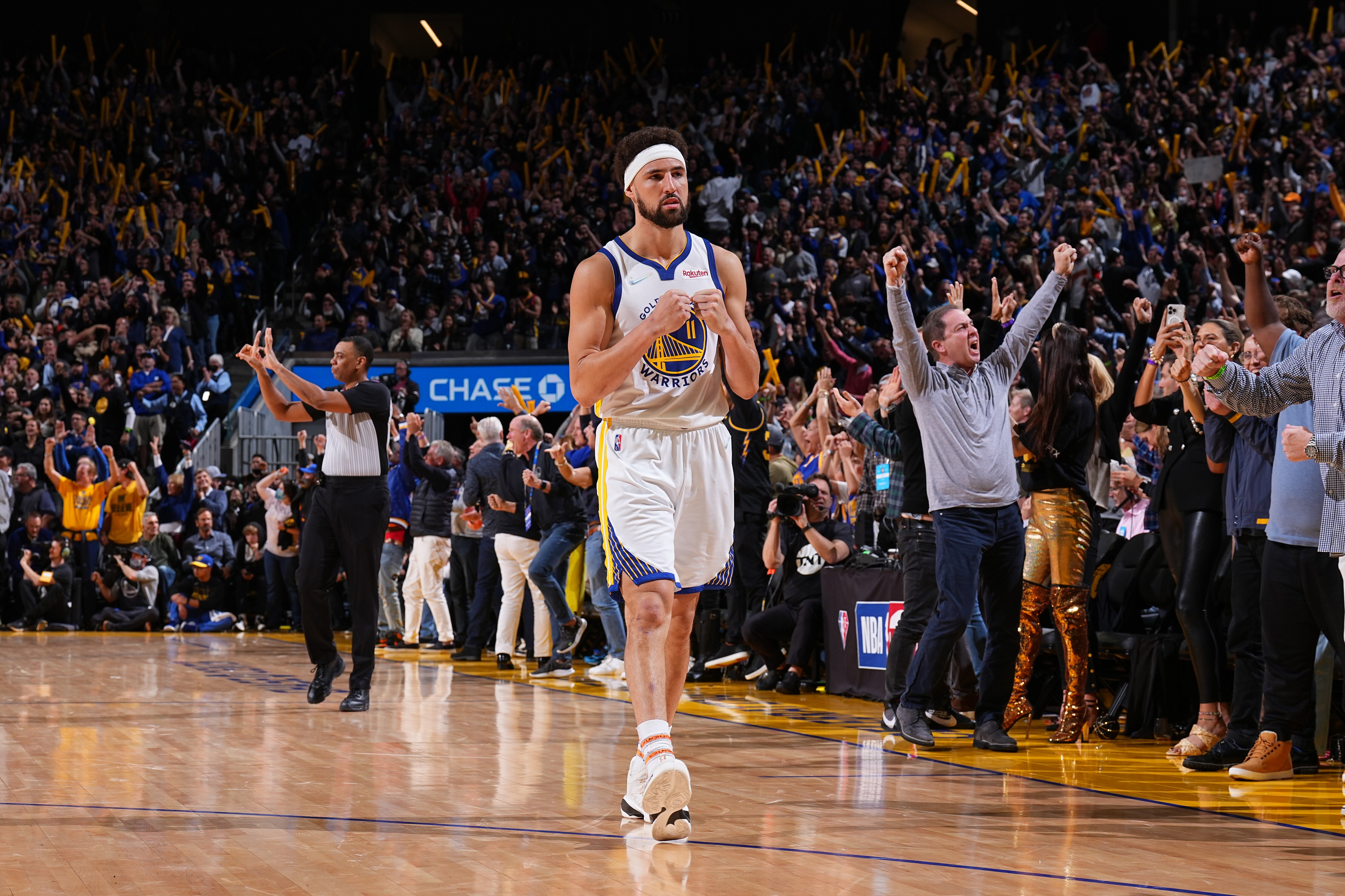 SAN FRANCISCO, CA - MAY 9: Klay Thompson #11 of the Golden State Warriors celebrates during Game 4 of the 2022 NBA Playoffs Western Conference Semifinals on May 9, 2022 at Chase Center in San Francisco, California. NOTE TO USER: User expressly acknowledges and agrees that, by downloading and or using this photograph, user is consenting to the terms and conditions of Getty Images License Agreement. Mandatory Copyright Notice: Copyright 2022 NBAE (Photo by Garrett Ellwood/NBAE via Getty Images)