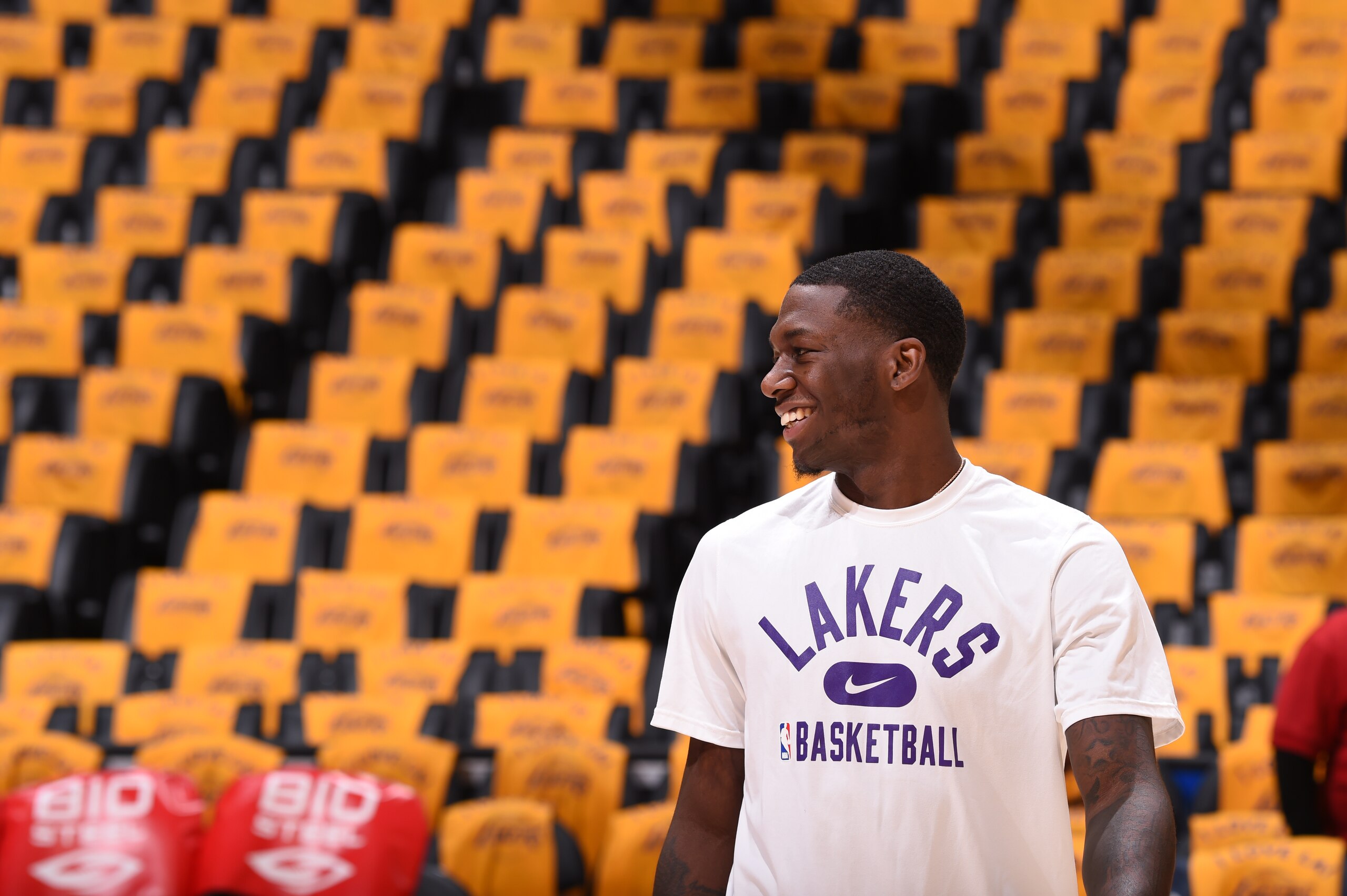 LOS ANGELES, CA - DECEMBER 23: Kendrick Nunn #12 of the Los Angeles Lakers warms up before the game against the San Antonio Spurs on December 23, 2021 at STAPLES Center in Los Angeles, California. NOTE TO USER: User expressly acknowledges and agrees that, by downloading and/or using this Photograph, user is consenting to the terms and conditions of the Getty Images License Agreement. Mandatory Copyright Notice: Copyright 2021 NBAE (Photo by Juan Ocampo/NBAE via Getty Images)
