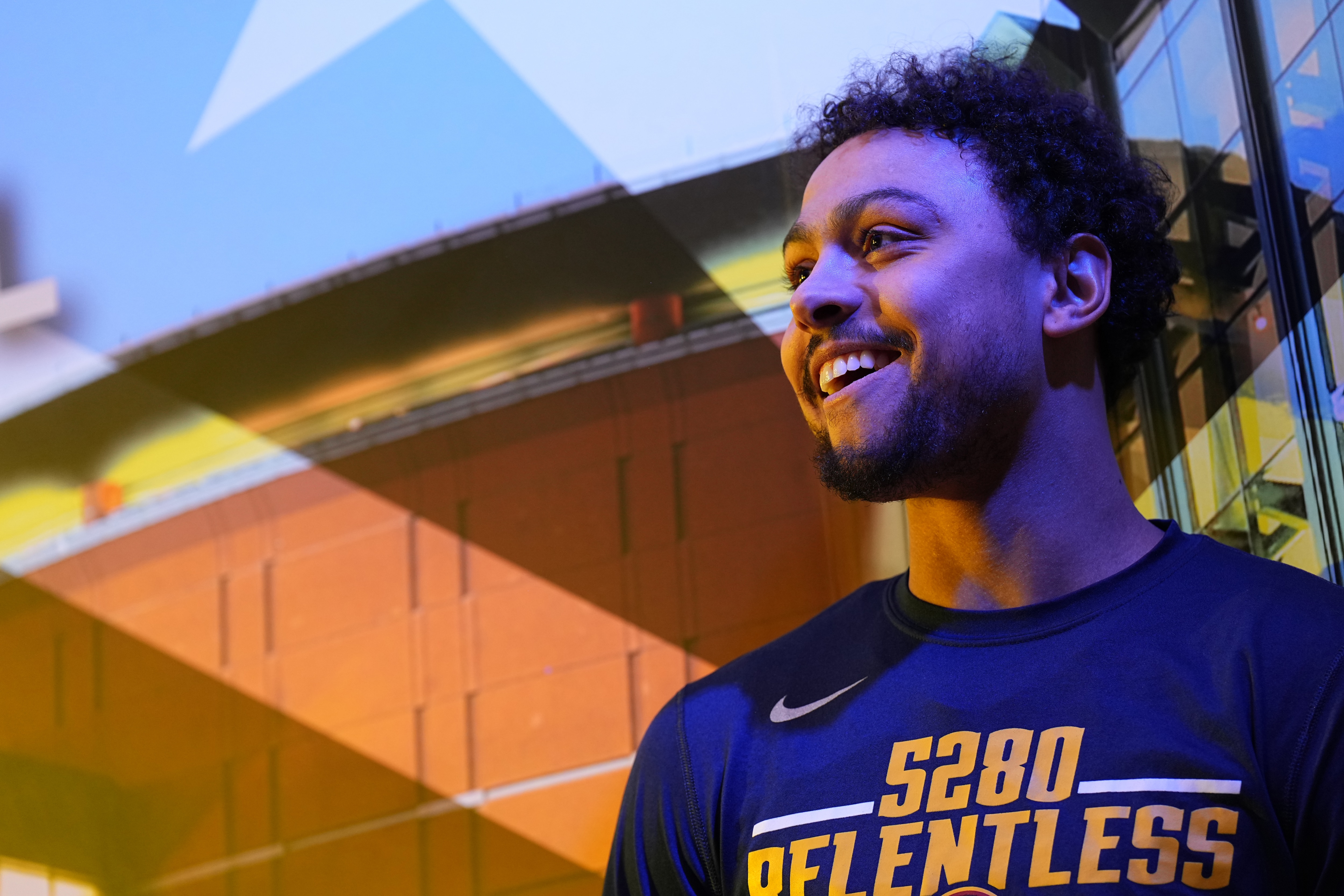 DENVER, CO - APRIL 24: Bryn Forbes #6 of the Denver Nuggets looks on and smiles before the game against the Golden State Warriors during Round 1 Game 4 of the 2022 NBA Playoffs on April 24, 2022 at the Ball Arena in Denver, Colorado. NOTE TO USER: User expressly acknowledges and agrees that, by downloading and/or using this Photograph, user is consenting to the terms and conditions of the Getty Images License Agreement. Mandatory Copyright Notice: Copyright 2022 NBAE (Photo by Garrett Ellwood/NBAE via Getty Images)