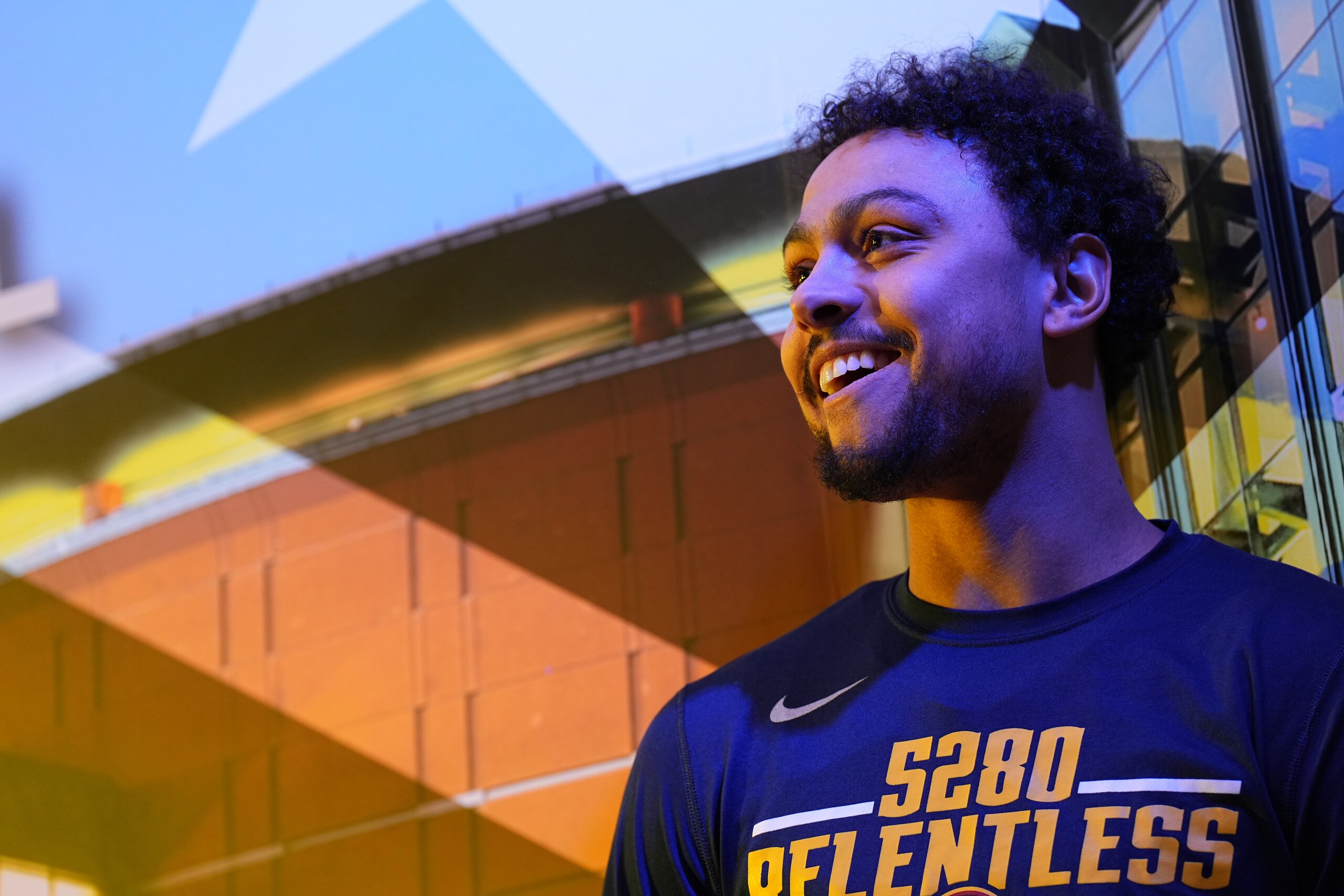 DENVER, CO - APRIL 24: Bryn Forbes #6 of the Denver Nuggets looks on and smiles before the game against the Golden State Warriors during Round 1 Game 4 of the 2022 NBA Playoffs on April 24, 2022 at the Ball Arena in Denver, Colorado. NOTE TO USER: User expressly acknowledges and agrees that, by downloading and/or using this Photograph, user is consenting to the terms and conditions of the Getty Images License Agreement. Mandatory Copyright Notice: Copyright 2022 NBAE (Photo by Garrett Ellwood/NBAE via Getty Images)