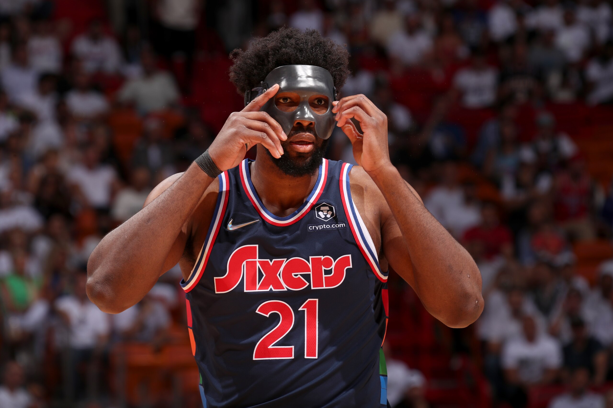 MIAMI, FL - MAY 10: Joel Embiid #21 of the Philadelphia 76ers looks on during the game against the Miami Heat during Game 5 of the 2022 NBA Playoffs Eastern Conference Semifinals on May 10, 2022 at FTX Arena in Miami, Florida. NOTE TO USER: User expressly acknowledges and agrees that, by downloading and or using this Photograph, user is consenting to the terms and conditions of the Getty Images License Agreement. Mandatory Copyright Notice: Copyright 2022 NBAE (Photo by Issac Baldizon/NBAE via Getty Images) MIAMI, FL - MAY 10: Joel Embiid #21 of the Philadelphia 76ers looks on during the game against the Miami Heat during Game 5 of the 2022 NBA Playoffs Eastern Conference Semifinals on May 10, 2022 at FTX Arena in Miami, Florida. NOTE TO USER: User expressly acknowledges and agrees that, by downloading and or using this Photograph, user is consenting to the terms and conditions of the Getty Images License Agreement. Mandatory Copyright Notice: Copyright 2022 NBAE (Photo by Issac Baldizon/NBAE via Getty Images)