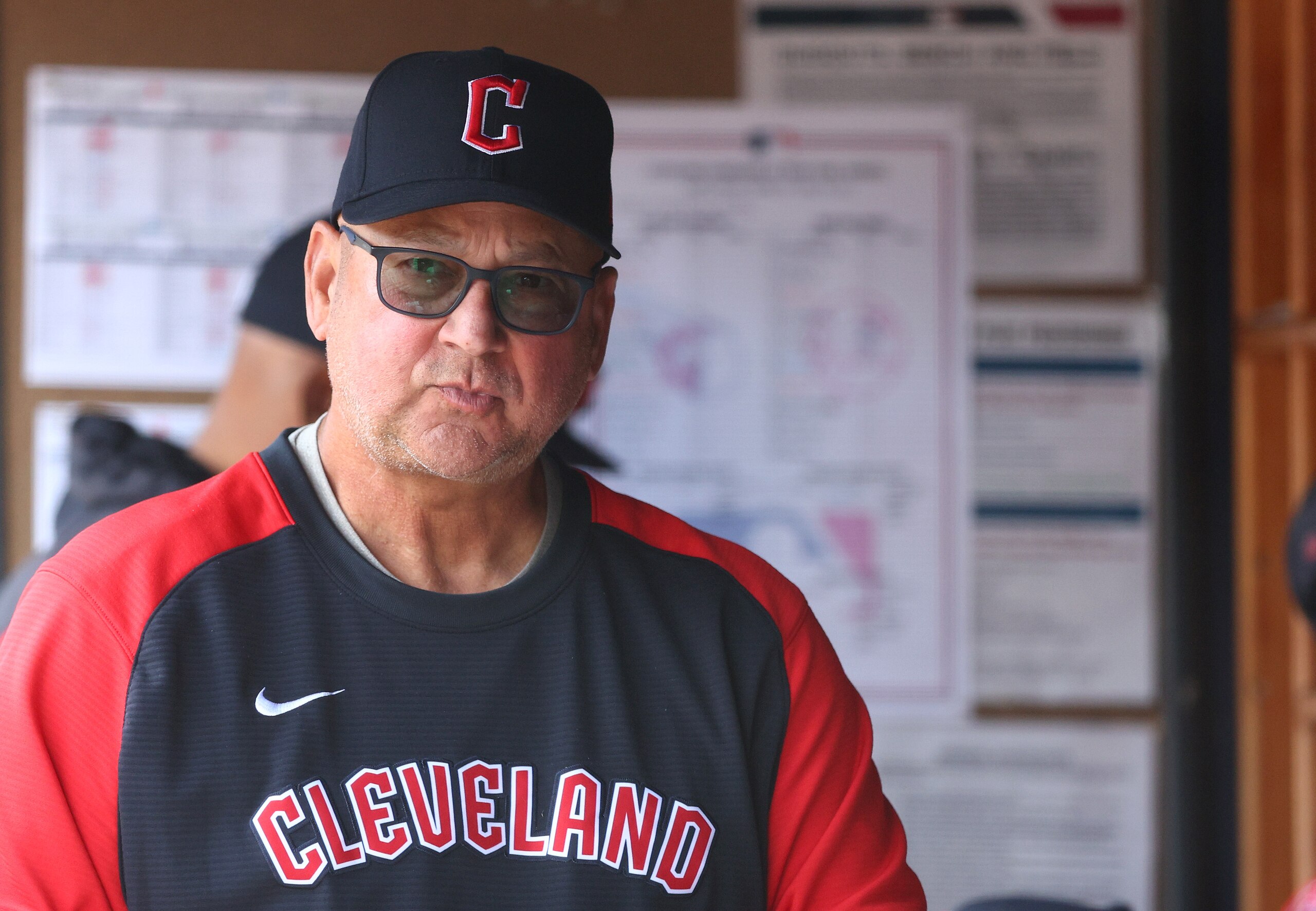 NEW YORK, NEW YORK - APRIL 24:  Terry Francona #77 of the Cleveland Guardians looks on from the dugout before the game against the New York Yankees at Yankee Stadium on April 24, 2022 in the Bronx borough of New York City. (Photo by Elsa/Getty Images)
