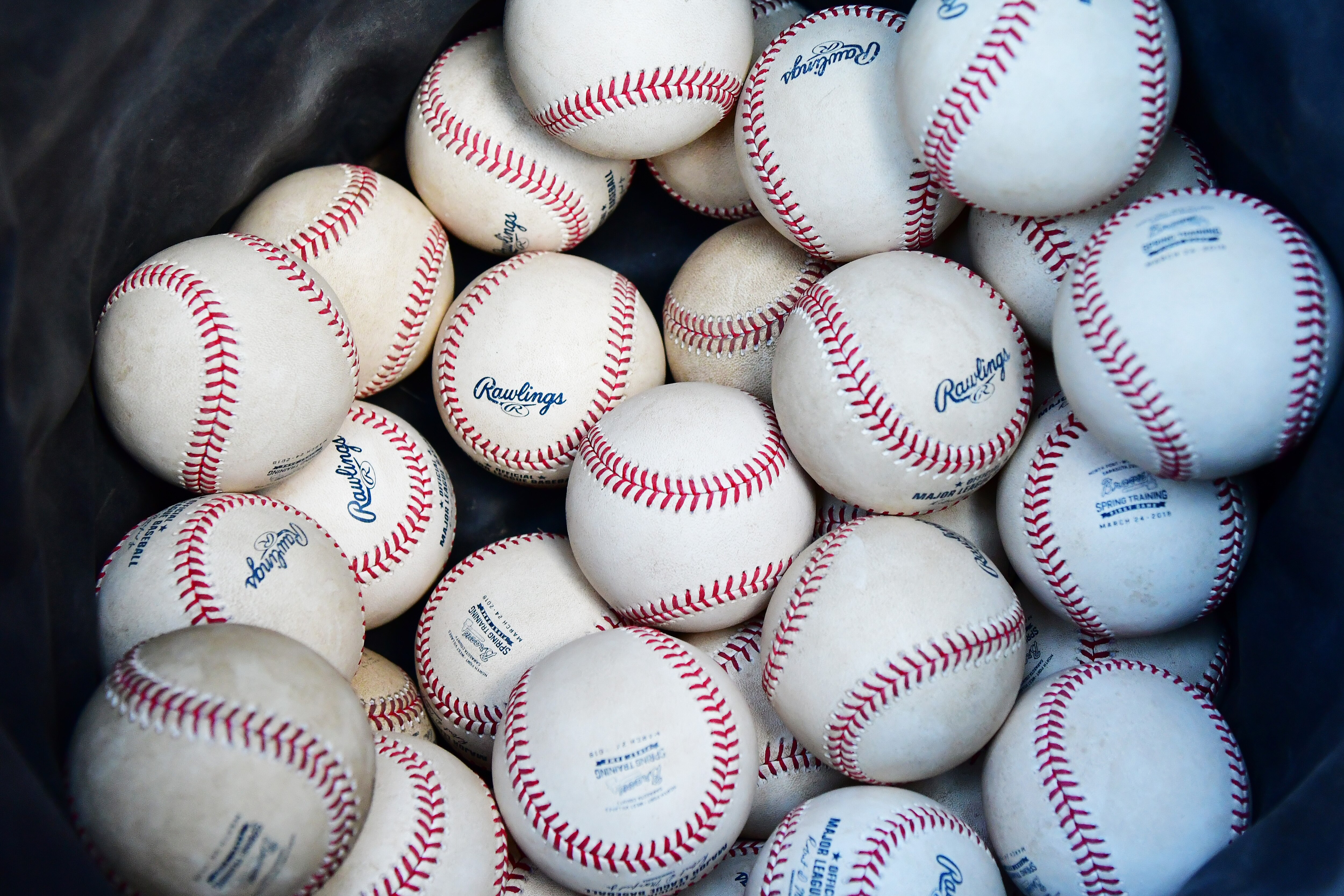 NORTH PORT, FLORIDA - MARCH 24: A bag of Rawlings baseballs sits at a game between the Atlanta Braves and the Tampa Bay Rays during a Grapefruit league spring training game on March 24, 2019 at CoolToday Park in North Port, Florida. (Photo by Julio Aguilar/Getty Images)