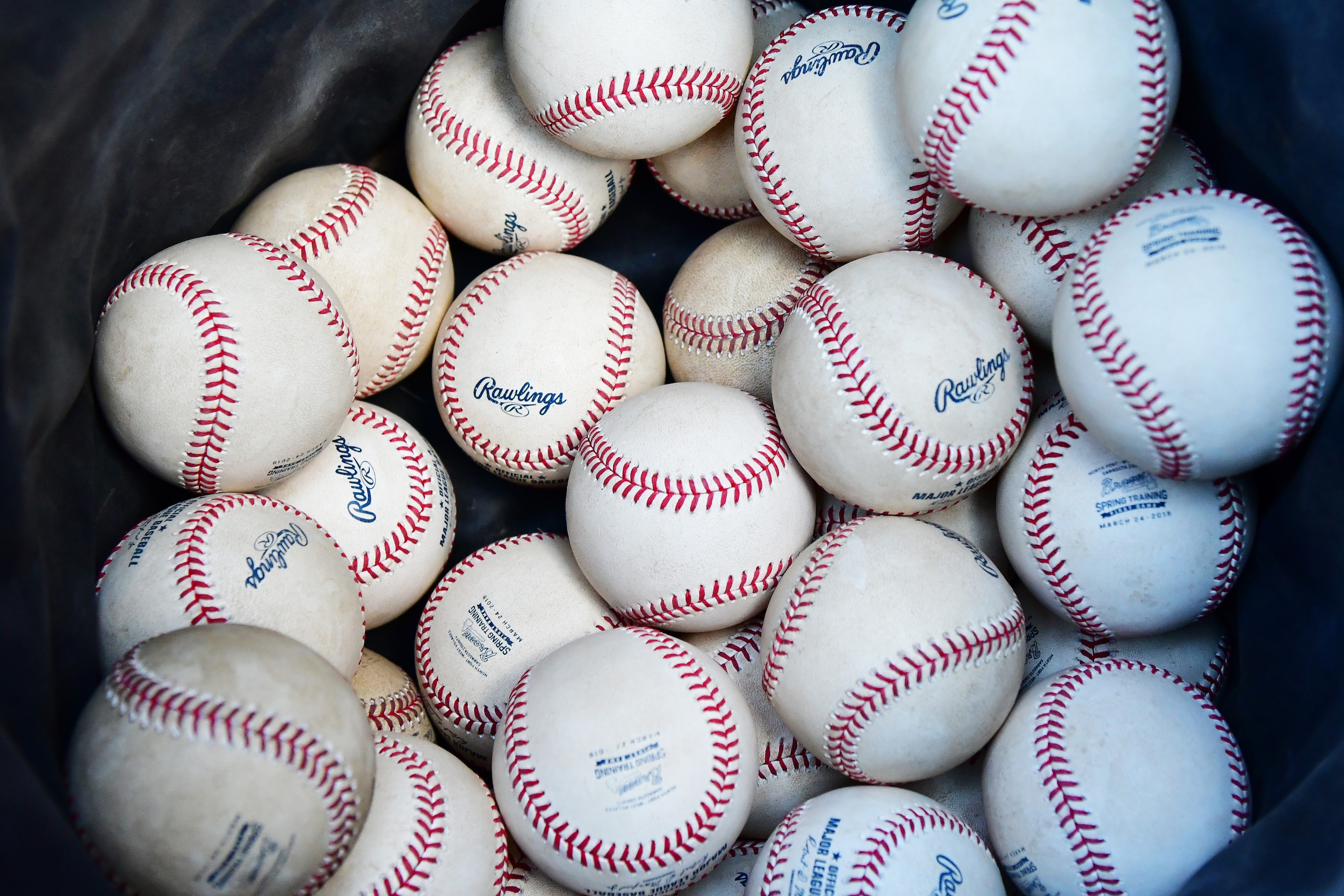 NORTH PORT, FLORIDA - MARCH 24: A bag of Rawlings baseballs sits at a game between the Atlanta Braves and the Tampa Bay Rays during a Grapefruit league spring training game on March 24, 2019 at CoolToday Park in North Port, Florida. (Photo by Julio Aguilar/Getty Images)