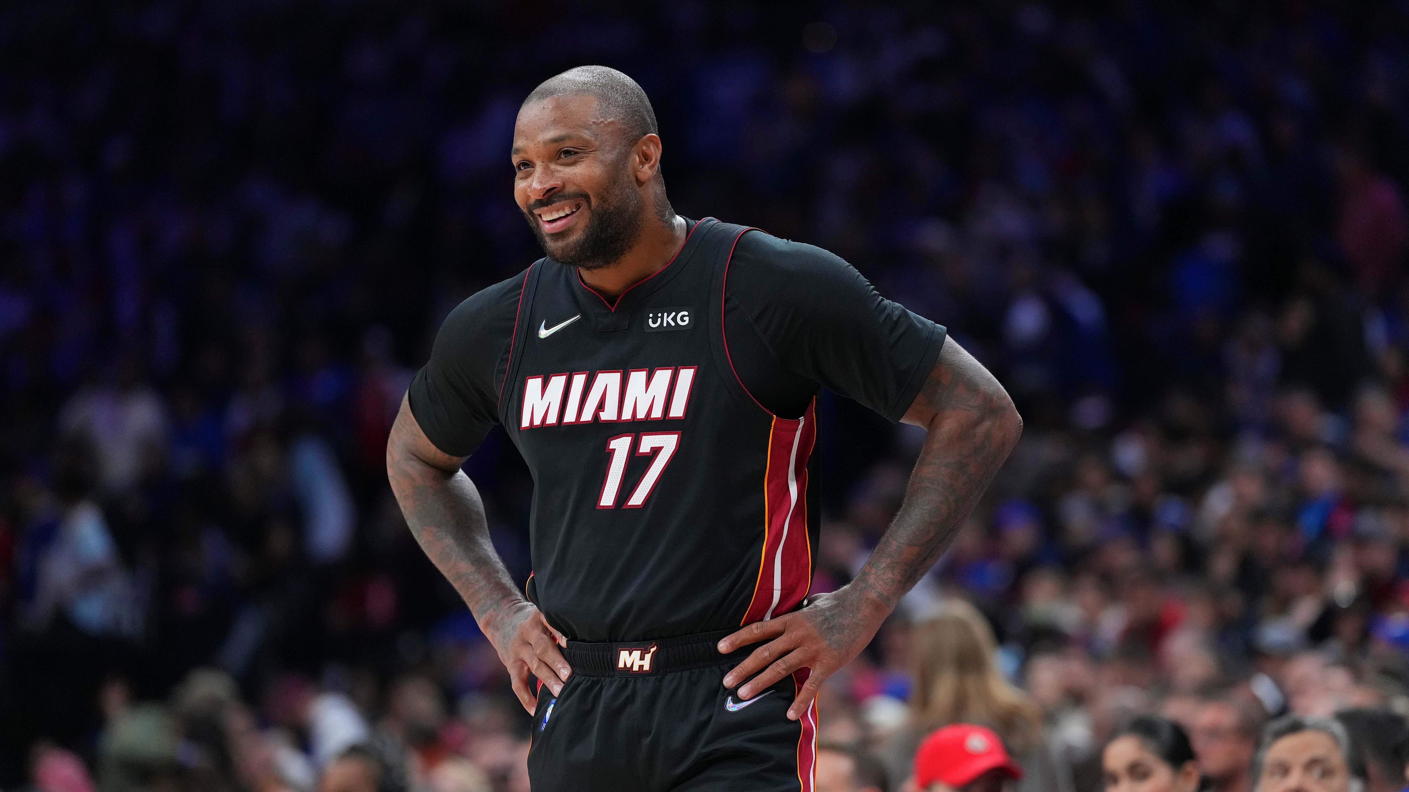 PHILADELPHIA, PA - MAY 08: P.J. Tucker #17 of the Miami Heat reacts against the Philadelphia 76ers during Game Four of the 2022 NBA Playoffs Eastern Conference Semifinals at the Wells Fargo Center on May 8, 2022 in Philadelphia, Pennsylvania. The 76ers defeated the Heat 116-108. NOTE TO USER: User expressly acknowledges and agrees that, by downloading and or using this photograph, User is consenting to the terms and conditions of the Getty Images License Agreement. (Photo by Mitchell Leff/Getty Images)