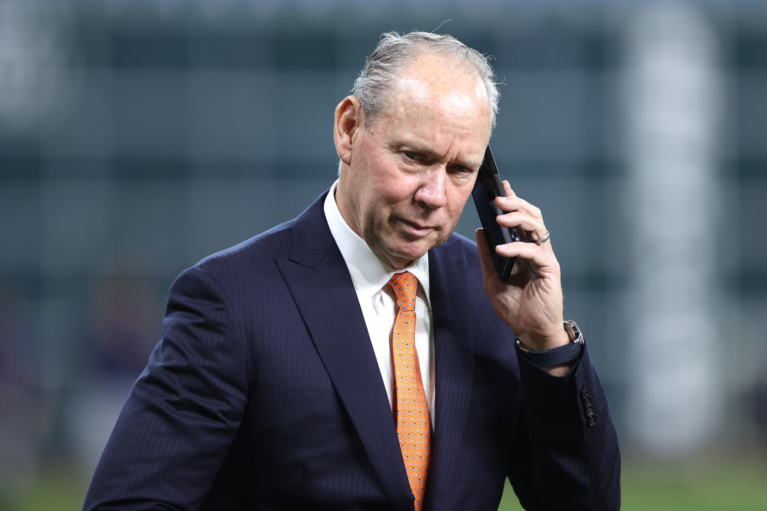 HOUSTON, TEXAS - OCTOBER 26:  Houston Astros owner Jim Crane looks on prior to Game One of the World Series between the Atlanta Braves and the Houston Astros at Minute Maid Park on October 26, 2021 in Houston, Texas. (Photo by Elsa/Getty Images)