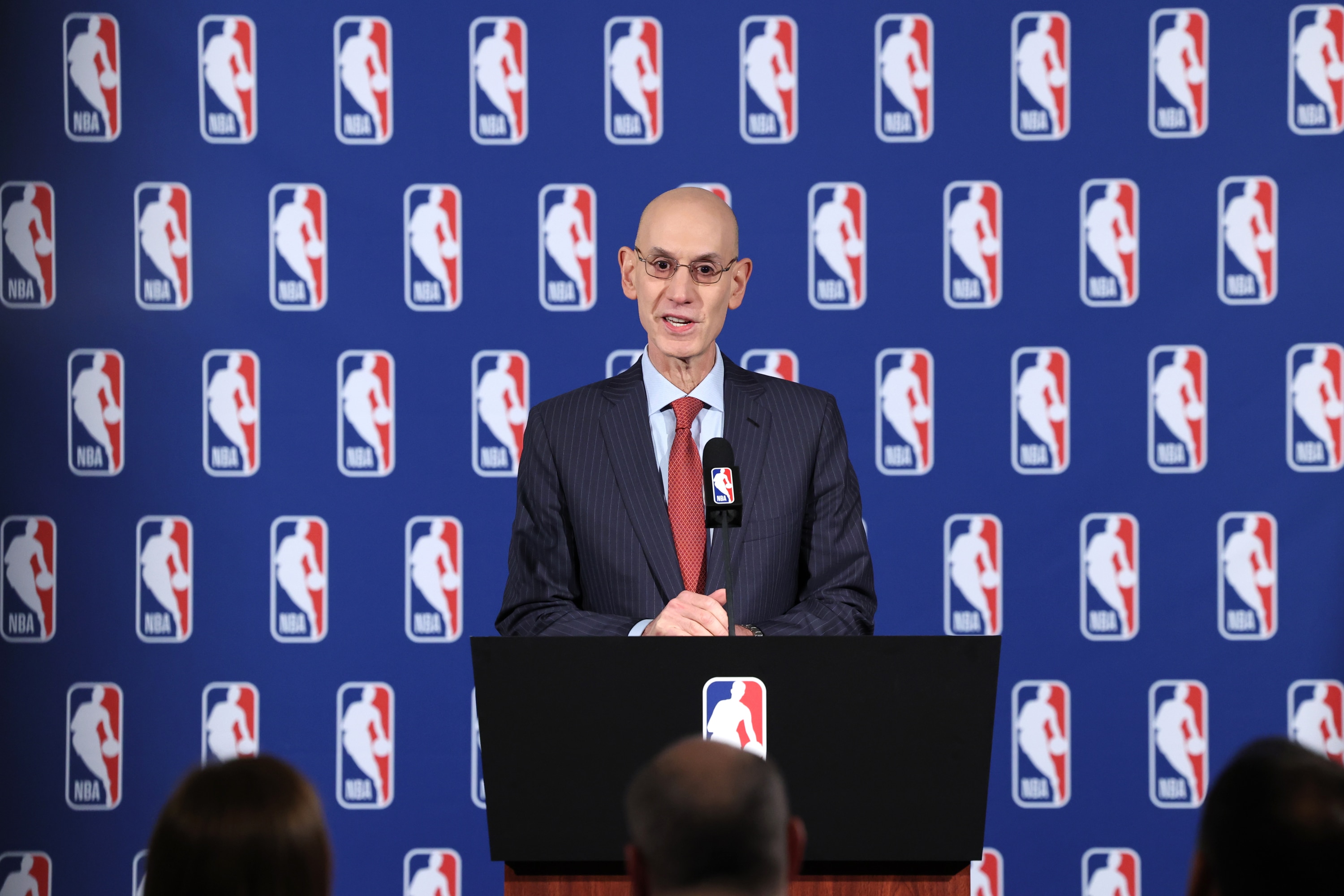 NEW YORK - APRIL 6: NBA Commissioner Adam Silver speaks to the media after the Board of Governors meetings on April 6, 2022 at the St. Regis Hotel in New York City. NOTE TO USER: User expressly acknowledges and agrees that, by downloading and/or using this photograph, user is consenting to the terms and conditions of the Getty Images License Agreement.  Mandatory Copyright Notice: Copyright 2022 NBAE (Photo by David Dow/NBAE via Getty Images)