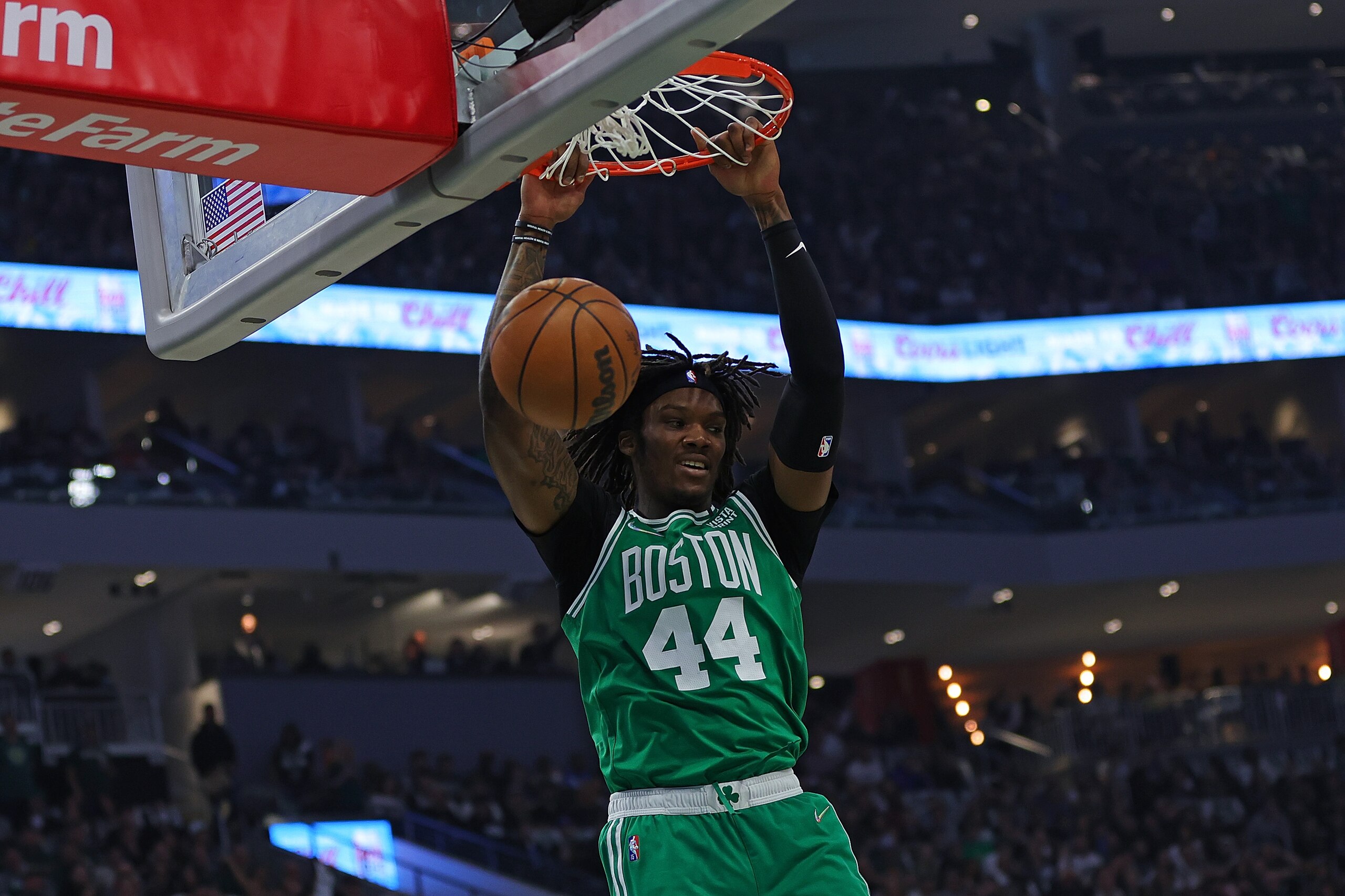 MILWAUKEE, WISCONSIN - MAY 07: Robert Williams III #44 of the Boston Celtics dunks during the first quarter of Game Three of the Eastern Conference Semifinals against the Milwaukee Bucks at Fiserv Forum on May 07, 2022 in Milwaukee, Wisconsin. NOTE TO USER: User expressly acknowledges and agrees that, by downloading and or using this photograph, User is consenting to the terms and conditions of the Getty Images License Agreement. (Photo by Stacy Revere/Getty Images)