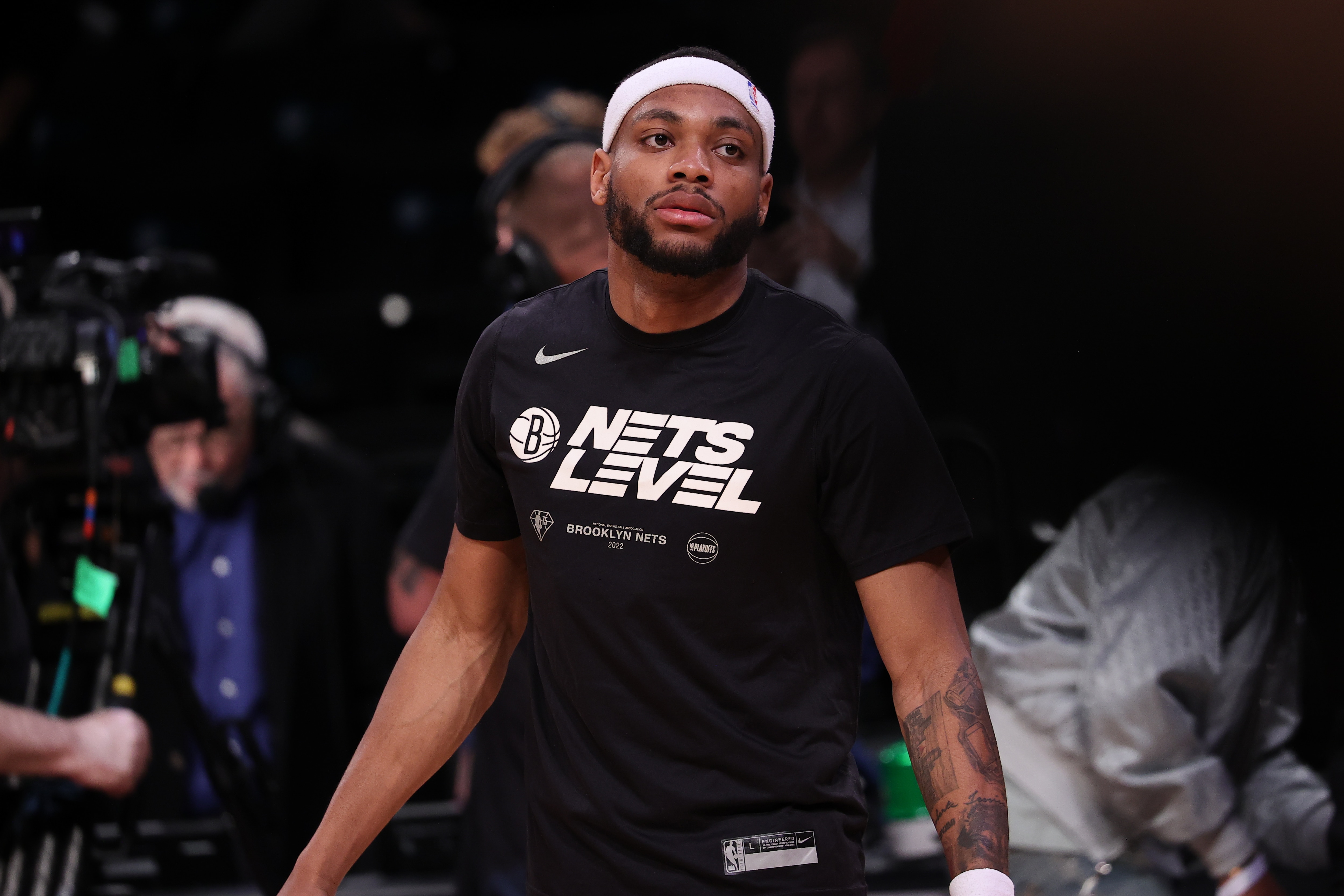 NEW YORK, NY - APRIL 25: Bruce Brown of Brooklyn Nets warms up before NBA playoffs between Brooklyn Nets and Boston Celtics at the Barclays Center in Brooklyn of New York City, United States on April 25, 2022. (Photo by Tayfun Coskun/Anadolu Agency via Getty Images)