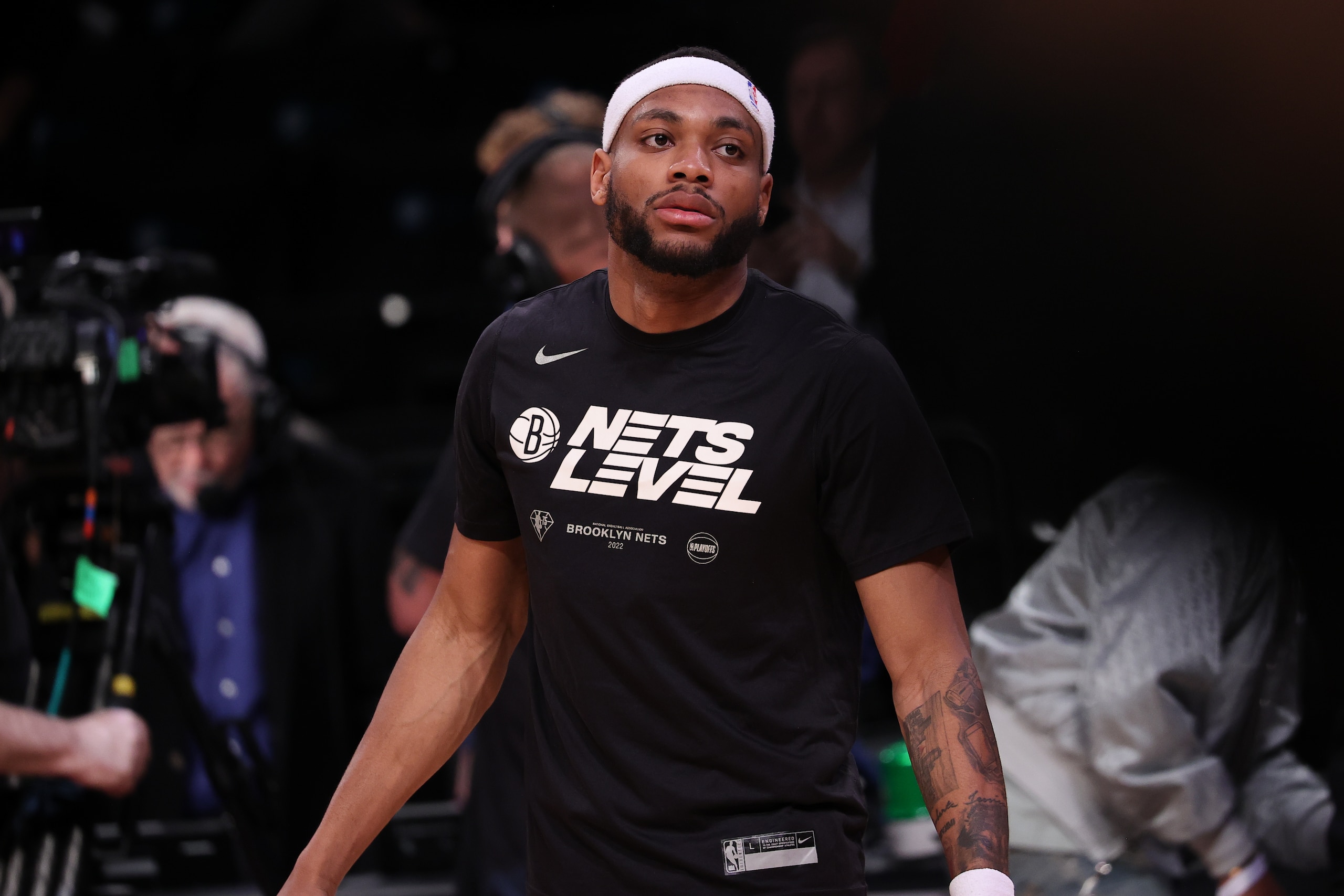 NEW YORK, NY - APRIL 25: Bruce Brown of Brooklyn Nets warms up before NBA playoffs between Brooklyn Nets and Boston Celtics at the Barclays Center in Brooklyn of New York City, United States on April 25, 2022. (Photo by Tayfun Coskun/Anadolu Agency via Getty Images)