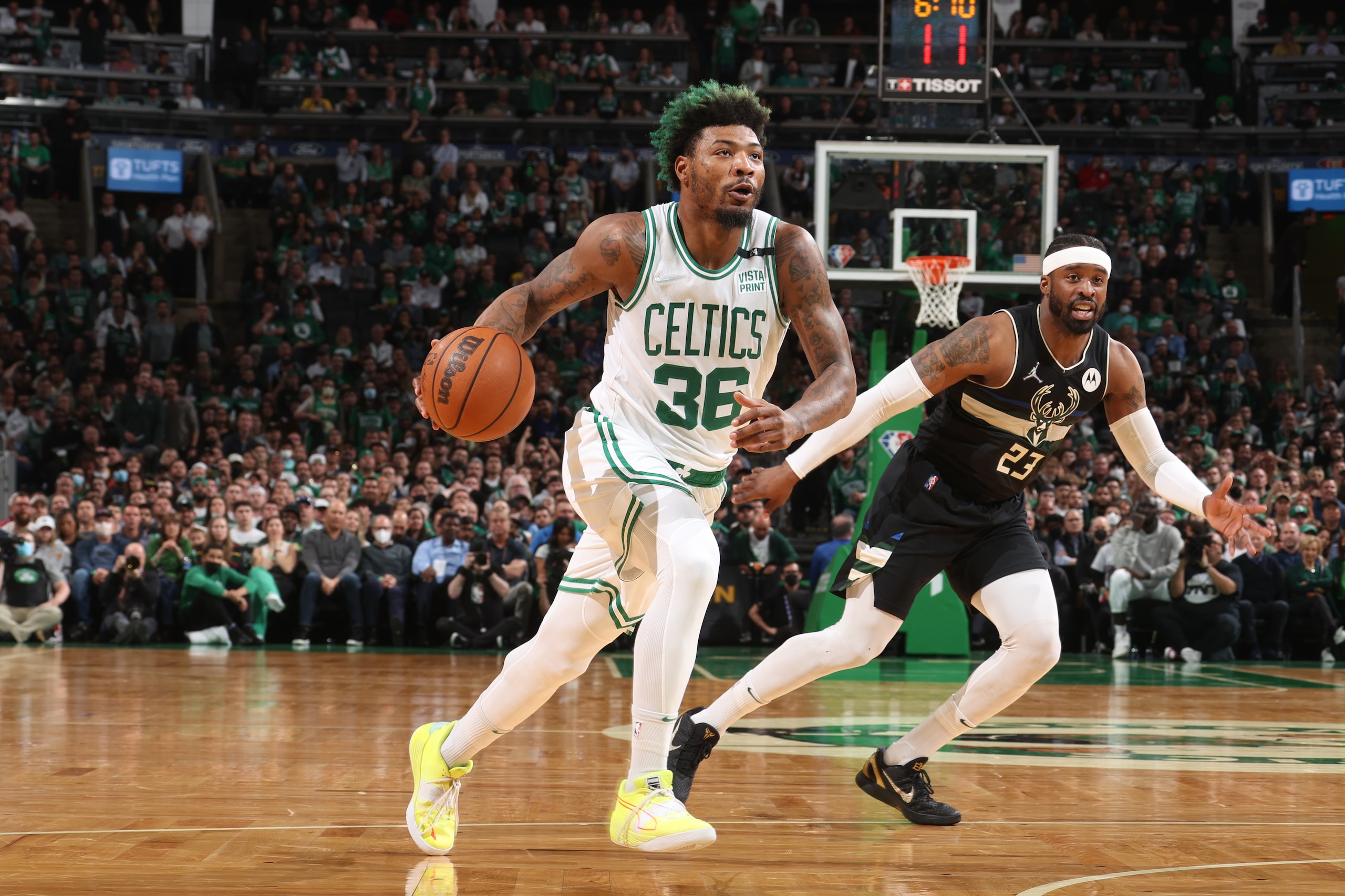 BOSTON, MA - MAY 11: Marcus Smart #36 of the Boston Celtics drives to the basket against the Milwaukee Bucks during Game 5 of the 2022 NBA Playoffs Eastern Conference Semifinals on May 11, 2022 at the TD Garden in Boston, Massachusetts. NOTE TO USER: User expressly acknowledges and agrees that, by downloading and or using this photograph, User is consenting to the terms and conditions of the Getty Images License Agreement. Mandatory Copyright Notice: Copyright 2022 NBAE (Photo by Nathaniel S. Butler/NBAE via Getty Images) BOSTON, MA - MAY 11: Marcus Smart #36 of the Boston Celtics drives to the basket against the Milwaukee Bucks during Game 5 of the 2022 NBA Playoffs Eastern Conference Semifinals on May 11, 2022 at the TD Garden in Boston, Massachusetts. NOTE TO USER: User expressly acknowledges and agrees that, by downloading and or using this photograph, User is consenting to the terms and conditions of the Getty Images License Agreement. Mandatory Copyright Notice: Copyright 2022 NBAE (Photo by Nathaniel S. Butler/NBAE via Getty Images)