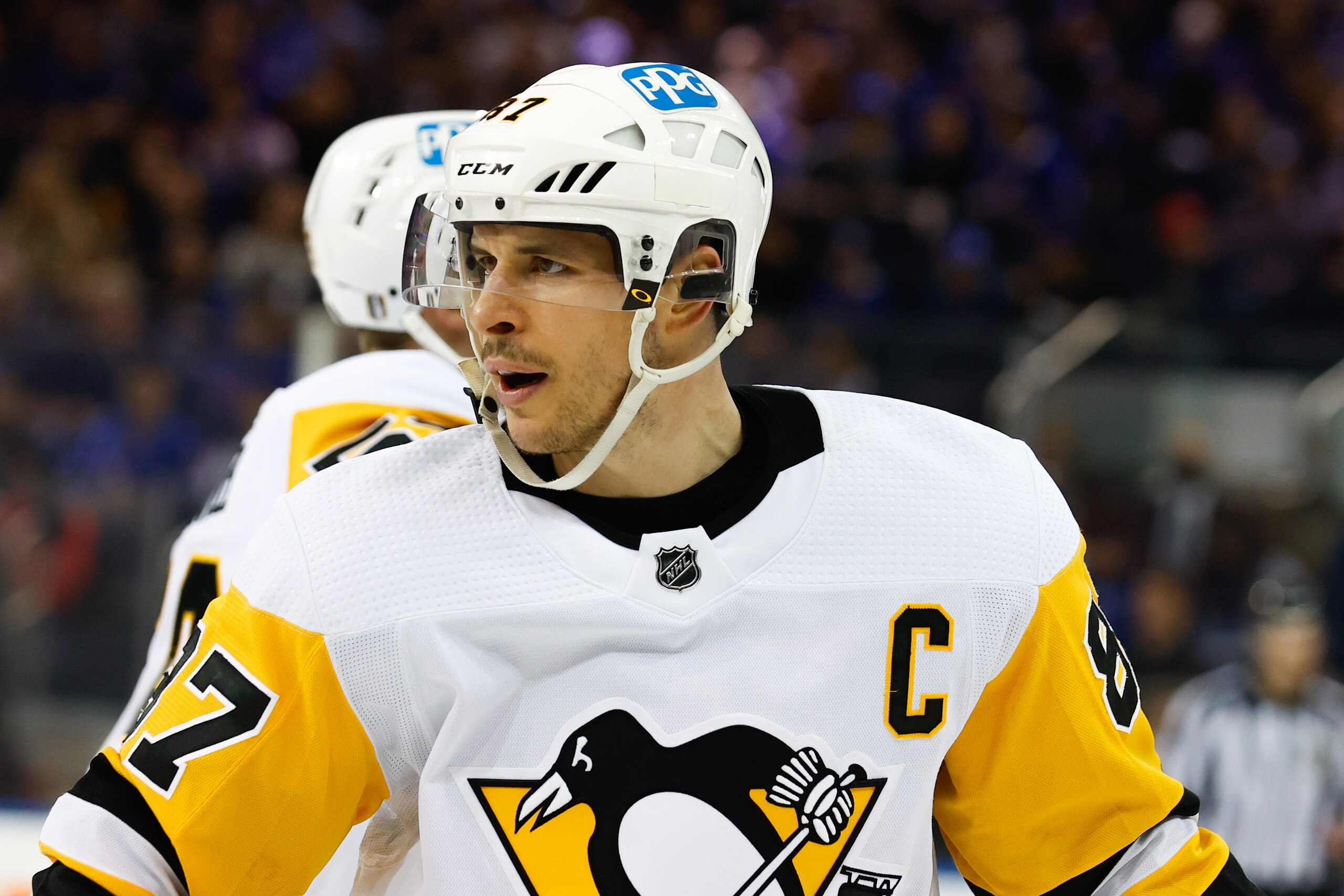 NEW YORK, NY - MAY 11:   Pittsburgh Penguins center Sidney Crosby (87) skates during the second period of game 5 of round 1 of the Stanley Cup Playoffs between the New York Rangers and the Pittsburgh Penguins on May 11, 2022 at Madison Square Garden in New York City, New York (Photo by Rich Graessle/Icon Sportswire via Getty Images)