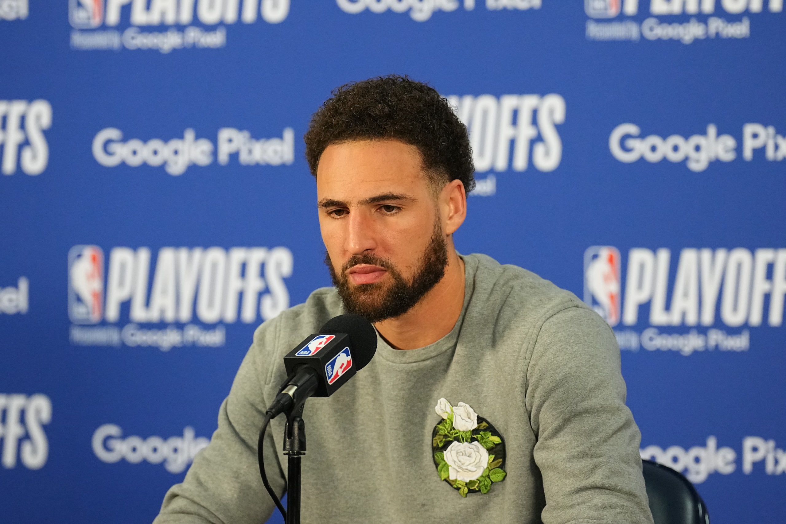 MEMPHIS, TN - May 11: Klay Thompson #11 of the Golden State Warriors talks to the media after Game 5 of the 2022 NBA Playoffs Western Conference Semifinals against the Memphis Grizzlies on May 11, 2022 at FedExForum in Memphis, Tennessee. NOTE TO USER: User expressly acknowledges and agrees that, by downloading and or using this photograph, User is consenting to the terms and conditions of the Getty Images License Agreement. Mandatory Copyright Notice: Copyright 2022 NBAE (Photo by Garrett Ellwood/NBAE via Getty Images) MEMPHIS, TN - May 11: Klay Thompson #11 of the Golden State Warriors talks to the media after Game 5 of the 2022 NBA Playoffs Western Conference Semifinals against the Memphis Grizzlies on May 11, 2022 at FedExForum in Memphis, Tennessee. NOTE TO USER: User expressly acknowledges and agrees that, by downloading and or using this photograph, User is consenting to the terms and conditions of the Getty Images License Agreement. Mandatory Copyright Notice: Copyright 2022 NBAE (Photo by Garrett Ellwood/NBAE via Getty Images)