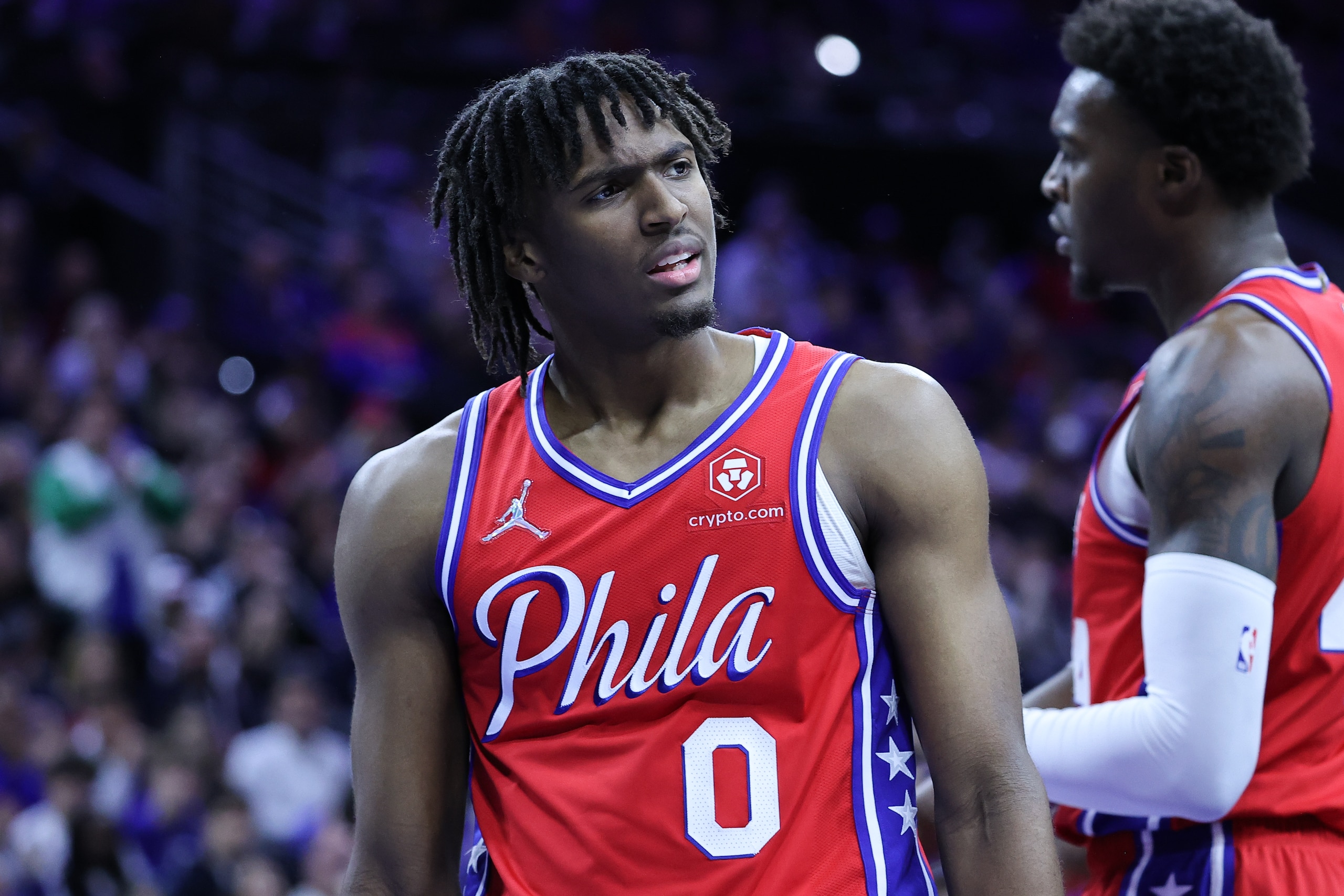 PHILADELPHIA, PA, USA - MAY 8: Tyrese Maxey of Philadelphia 76ers is seen during NBA semifinals between Philadelphia 76ers and Miami Heat at the Wells Fargo Center in Philadelphia, Pennsylvania, United States on May 8, 2022. (Photo by Tayfun Coskun/Anadolu Agency via Getty Images)