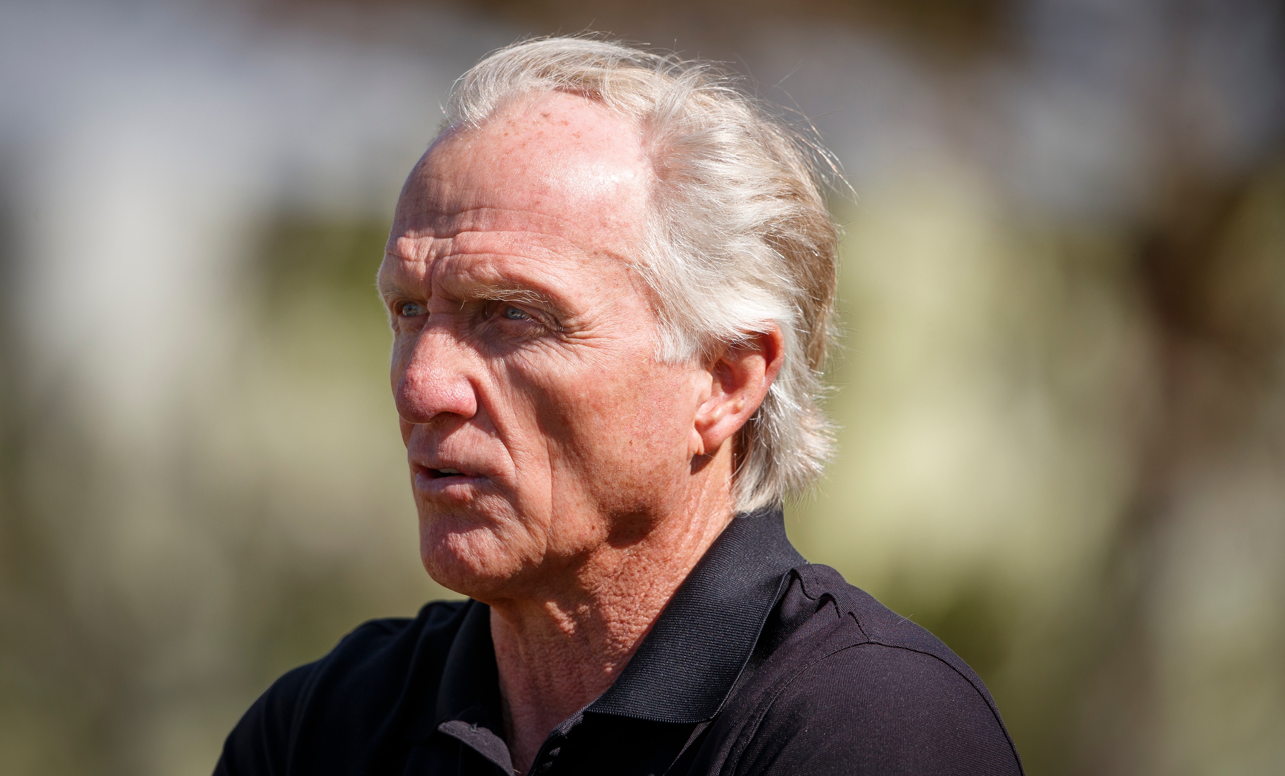 AL MUROOJ, SAUDI ARABIA - FEBRUARY 01: Greg Norman, CEO of Liv Golf Investments talks to the media during a practice round prior to the PIF Saudi International at Royal Greens Golf & Country Club on February 01, 2022 in Al Murooj, Saudi Arabia. (Photo by Oisin Keniry/Getty Images)